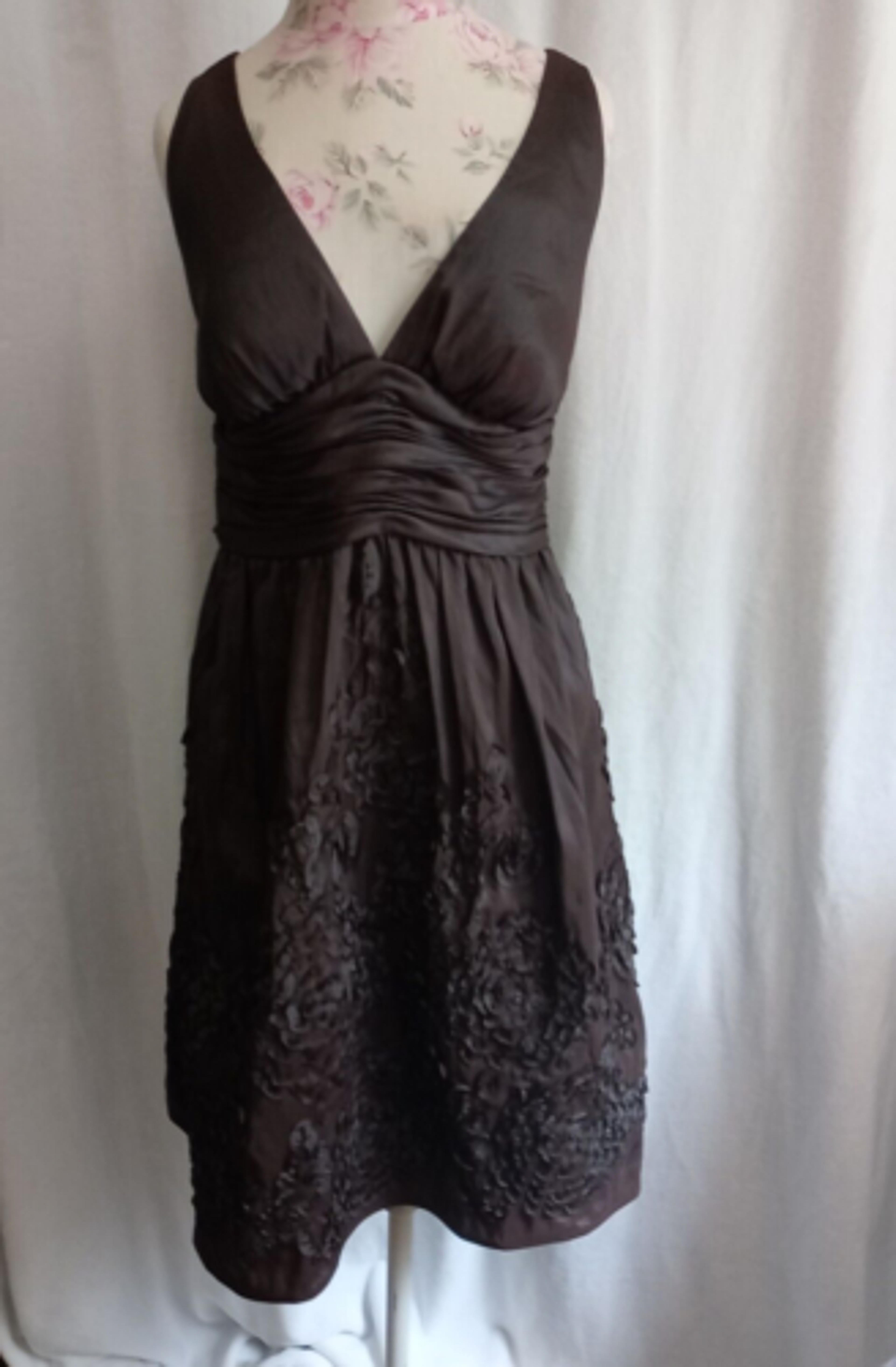 Adrianna Papell Boutique Size 12 Brown Taffeta Halter Dress Ribbon Flowers