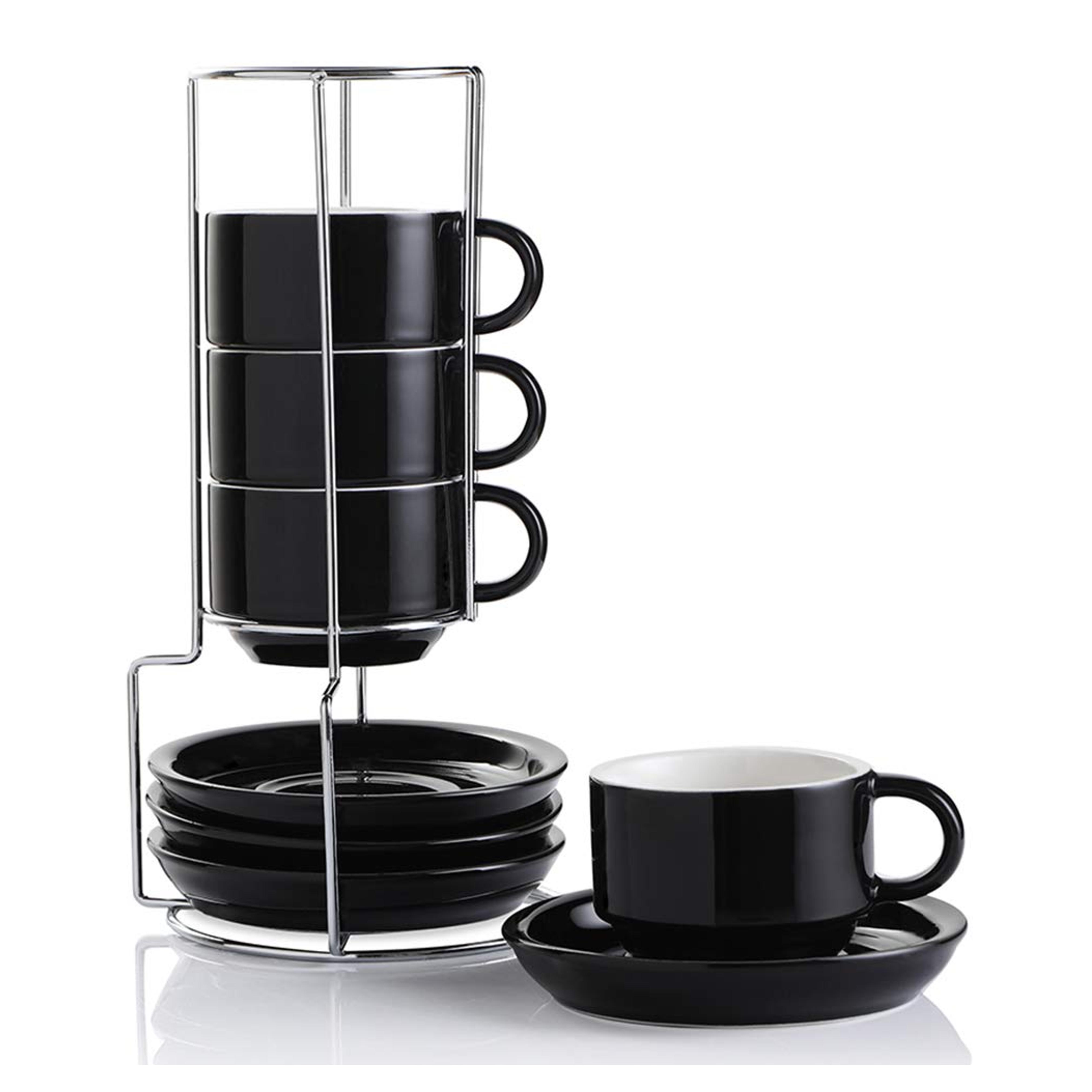 Amazon.com | SWEEJAR Porcelain Espresso Cups with Saucers, 4 Ounce Stackable Cappuccino Cups with Metal Stand for Coffee Drinks, Latte, Tea - Set of 4 (Black): Cup & Saucer Sets