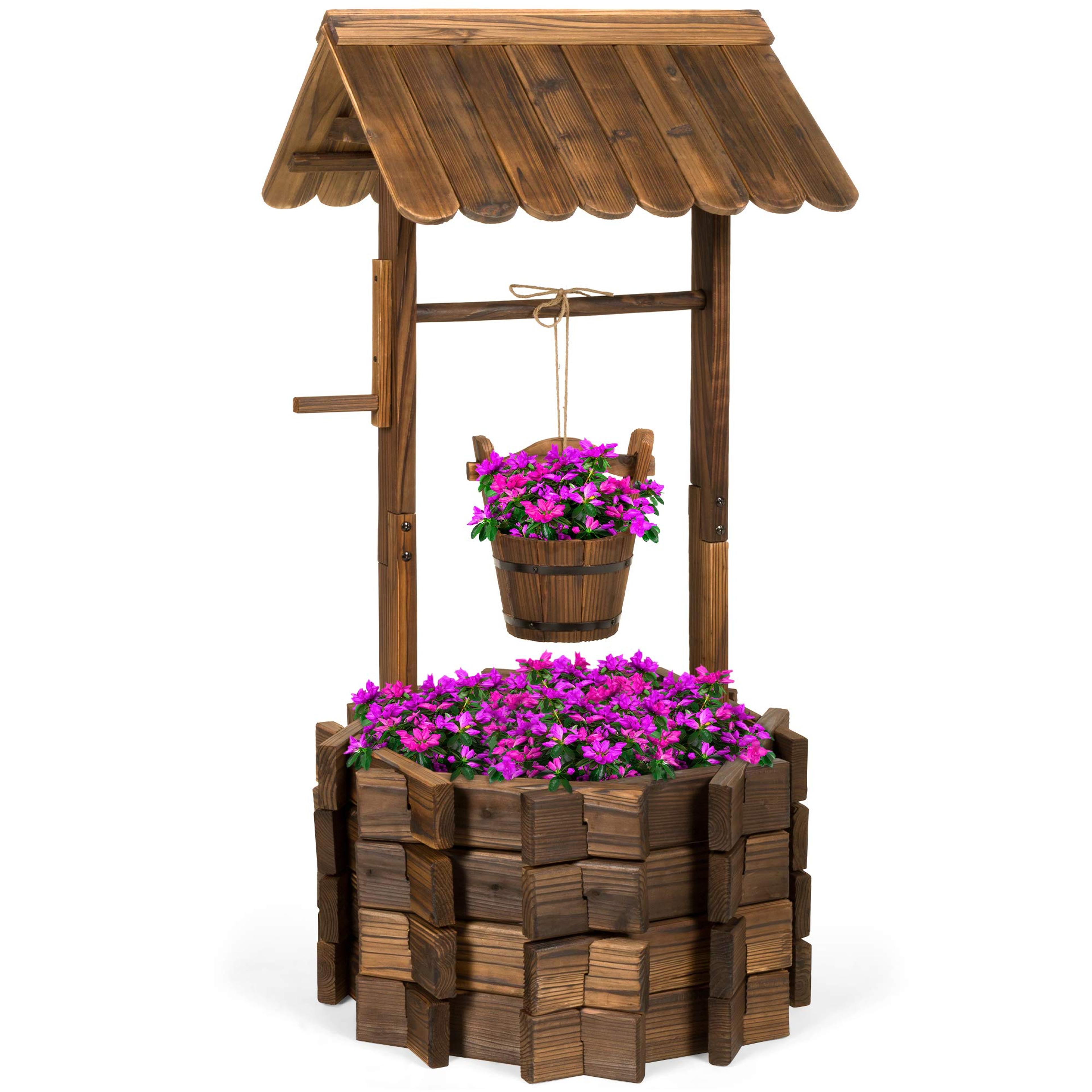 Best Choice Products Rustic Wooden Wishing Well Planter Outdoor Home Décor for Patio, Garden, Yard w/Hanging Bucket