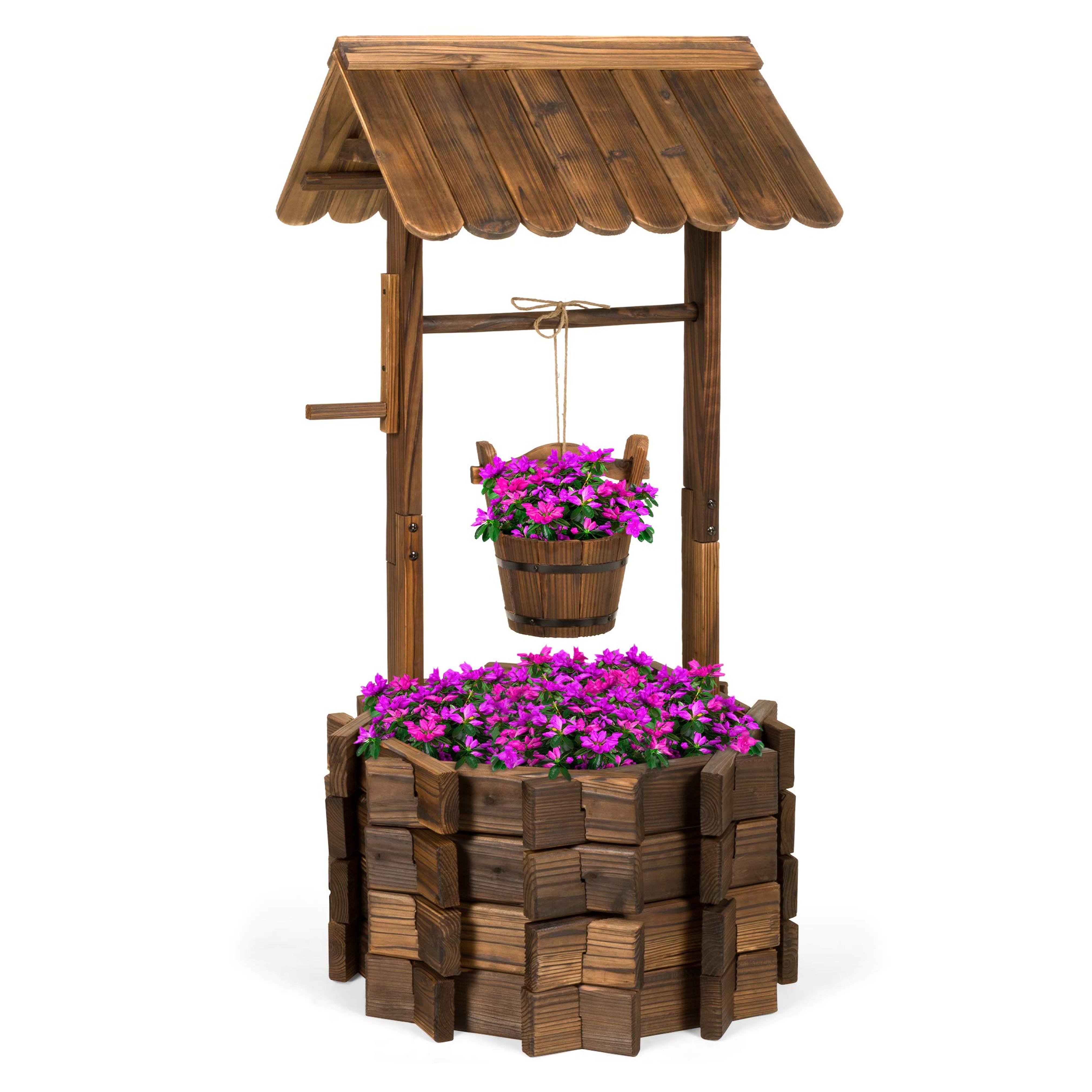 Best Choice Products Rustic Wooden Wishing Well Planter Outdoor Home Décor for Patio, Garden, Yard w/Hanging Bucket