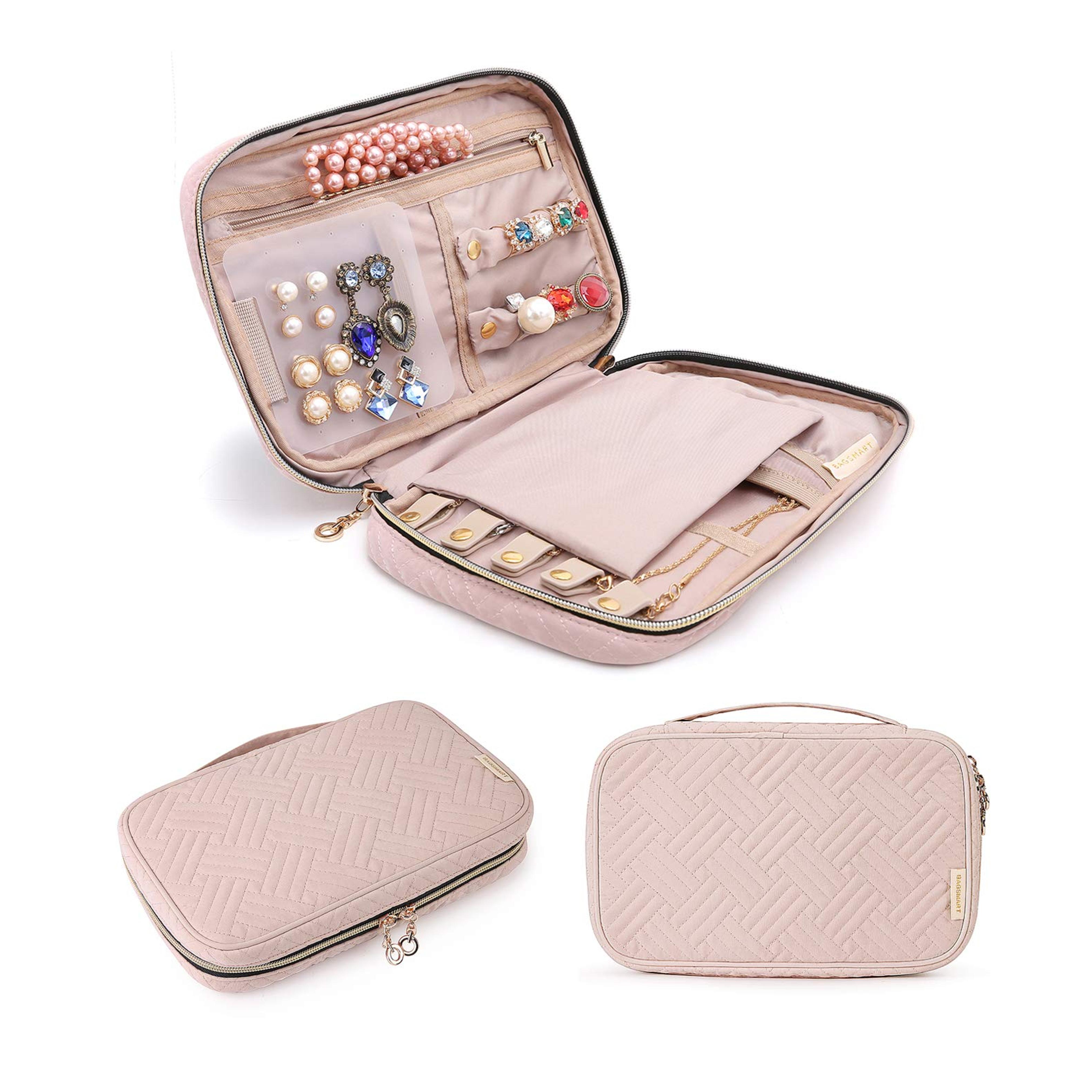 BAGSMART Jewelry Organizer Case Travel Jewelry Storage Bag for Necklace, Earrings, Rings, Bracelet, Soft Pink
