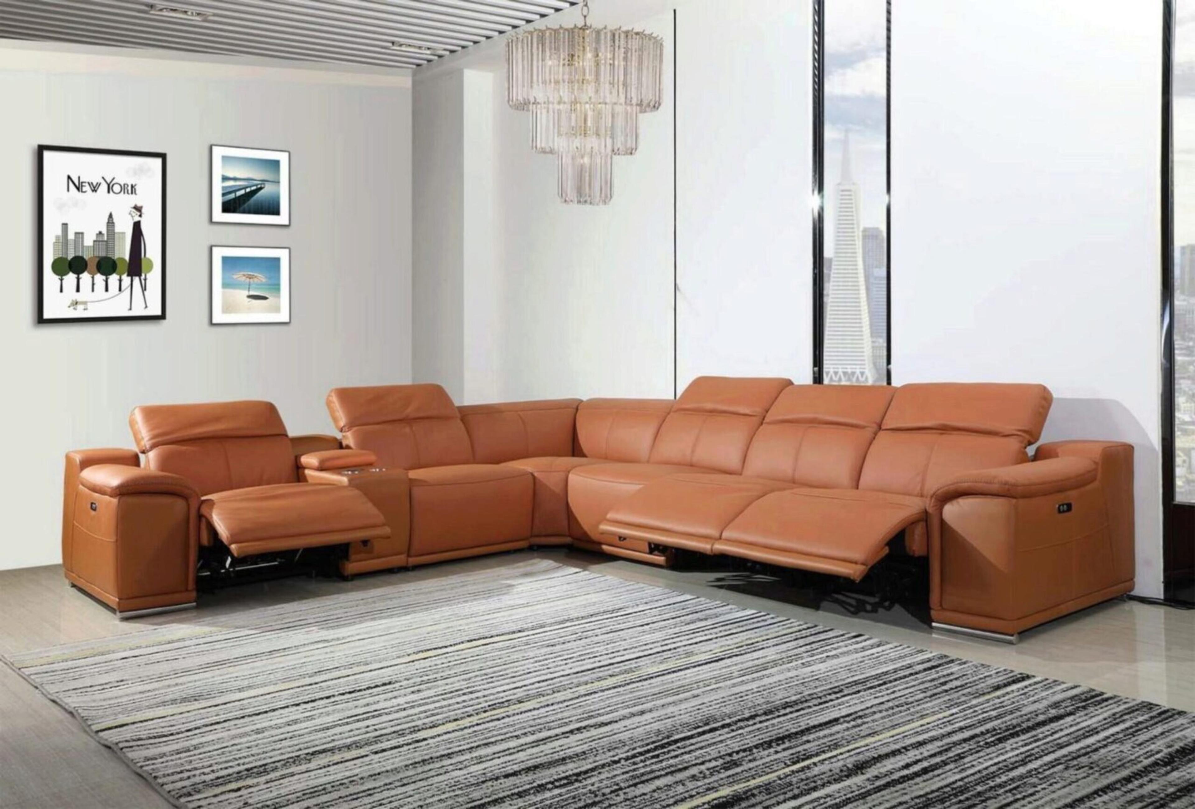 CAMEL Italian Genuine Leather/3PWR Reclining Sectional Sofa UR9762 Global United (9762-CAMEL-3PWR-7PC)