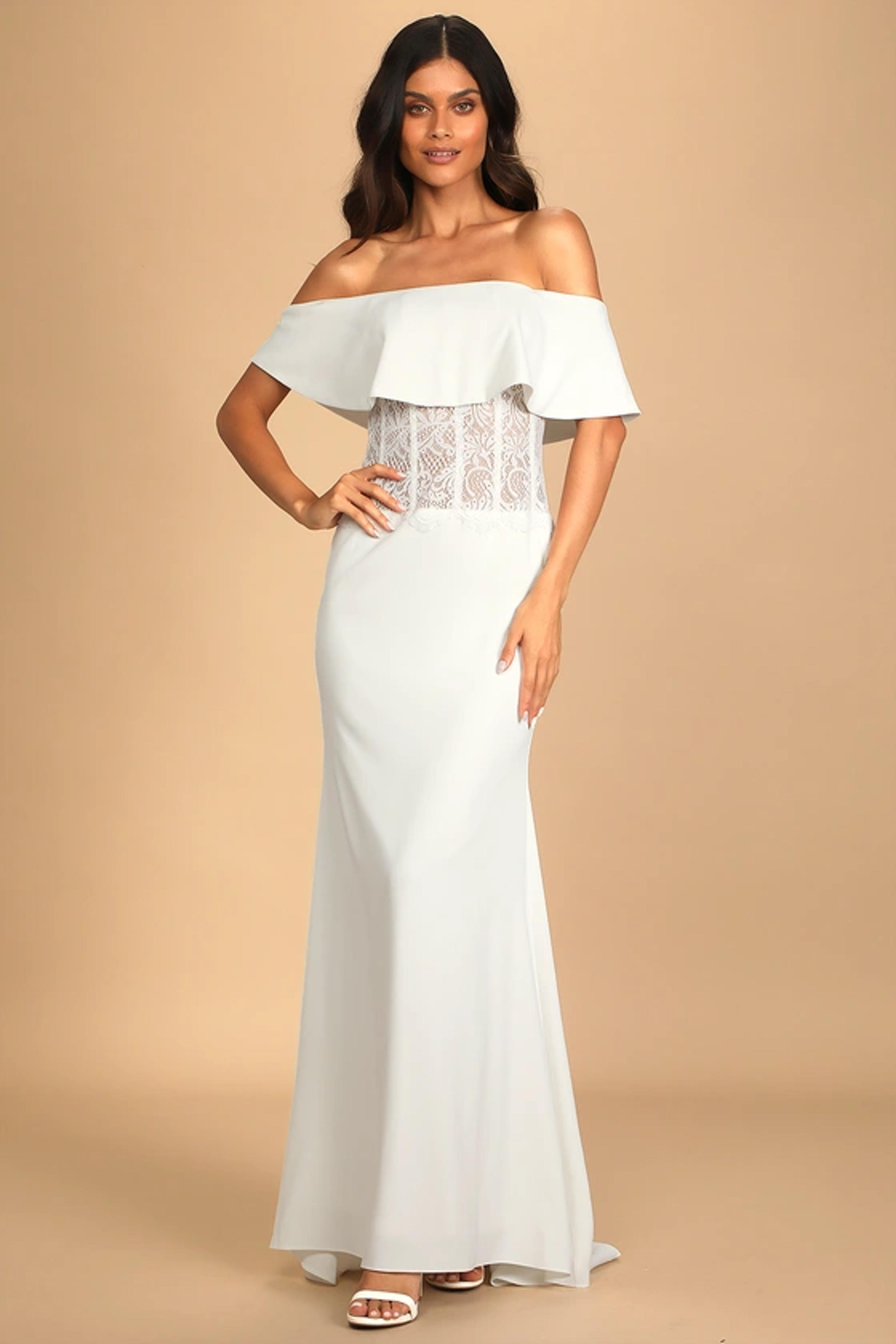 Heartfelt Vows White Off-the-Shoulder Lace Maxi Dress