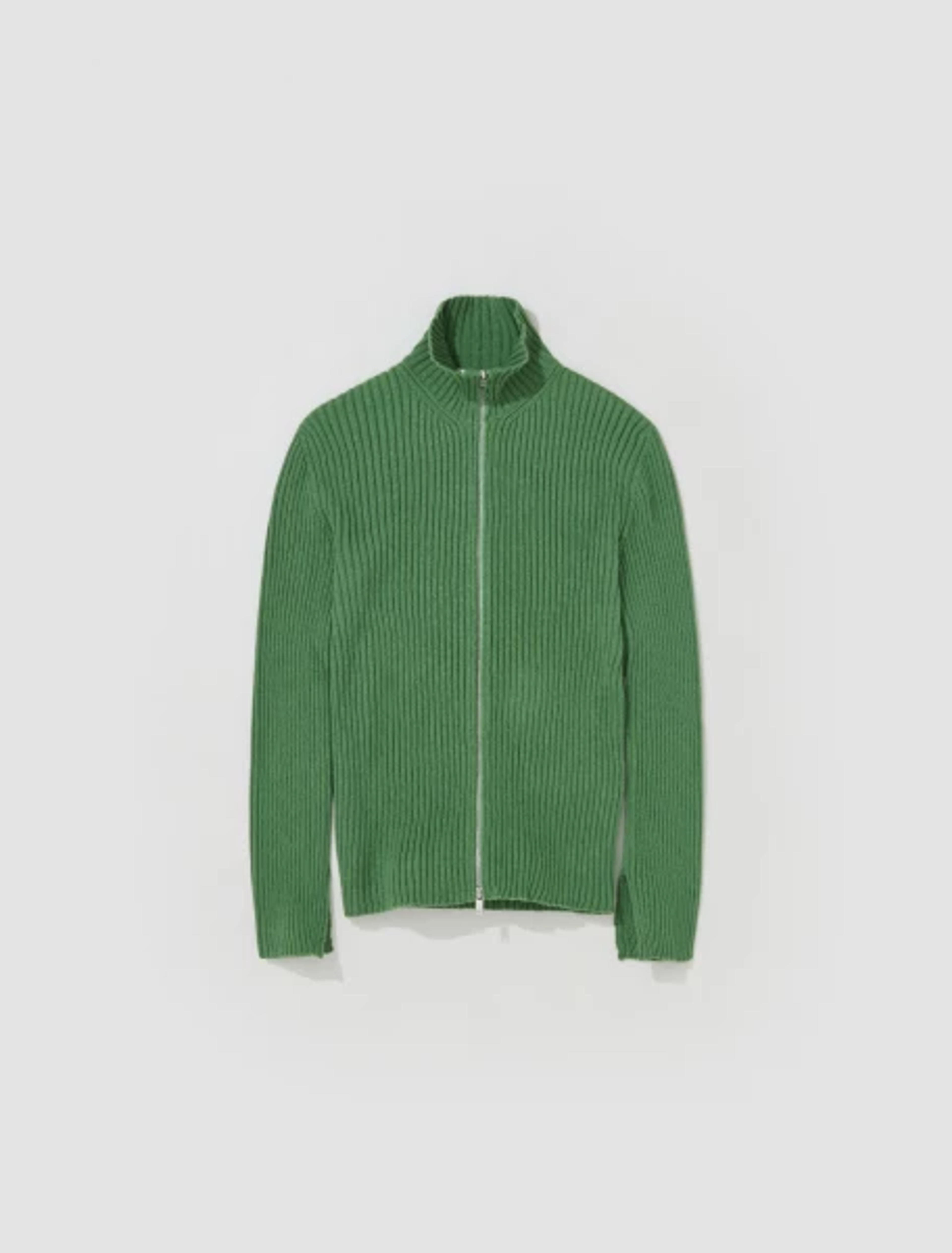 Jil Sander Zip Front Ribbed Cardigan in Light Pastel Green | Voo Store Berlin | Worldwide Shipping