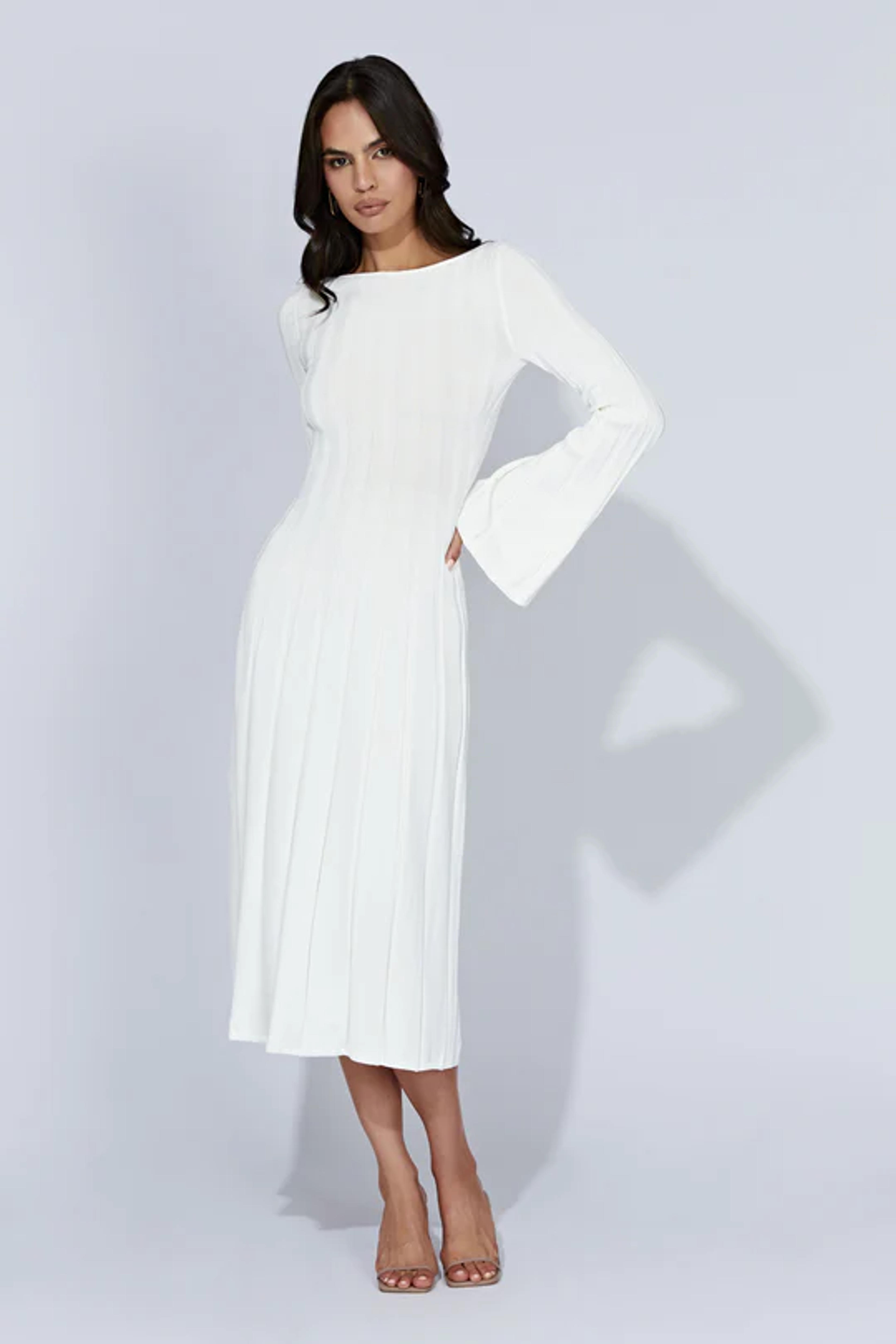 Juniper Flare Sleeve Knit Midi Dress - White - MESHKI U.S