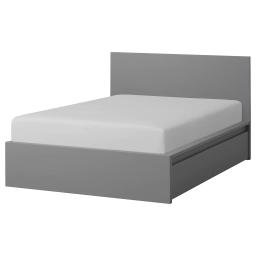 MALM High bed frame/4 storage boxes - gray stained/Lönset Queen