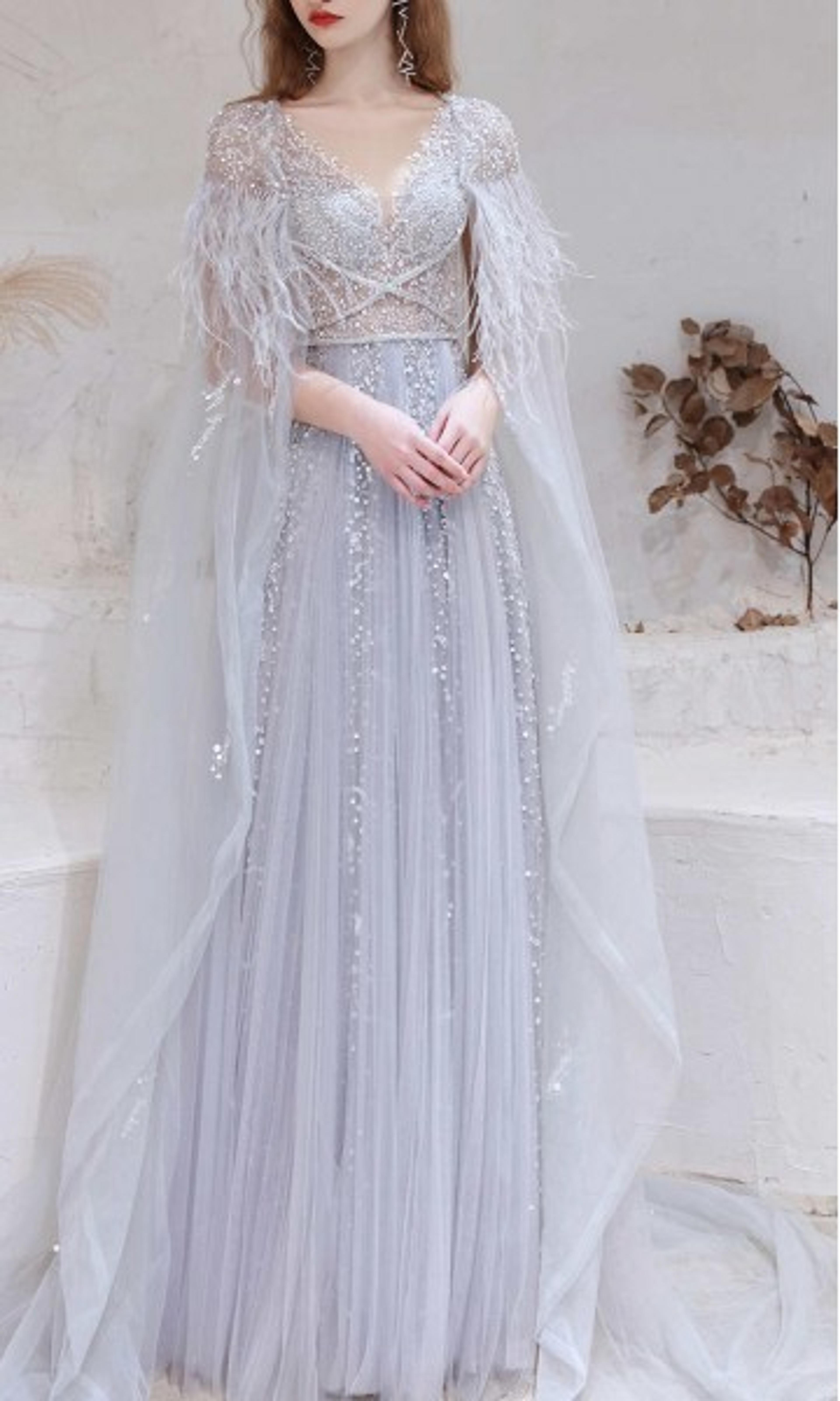 Bedazzled Fringe Opera Cape Long Grey Prom Dresses