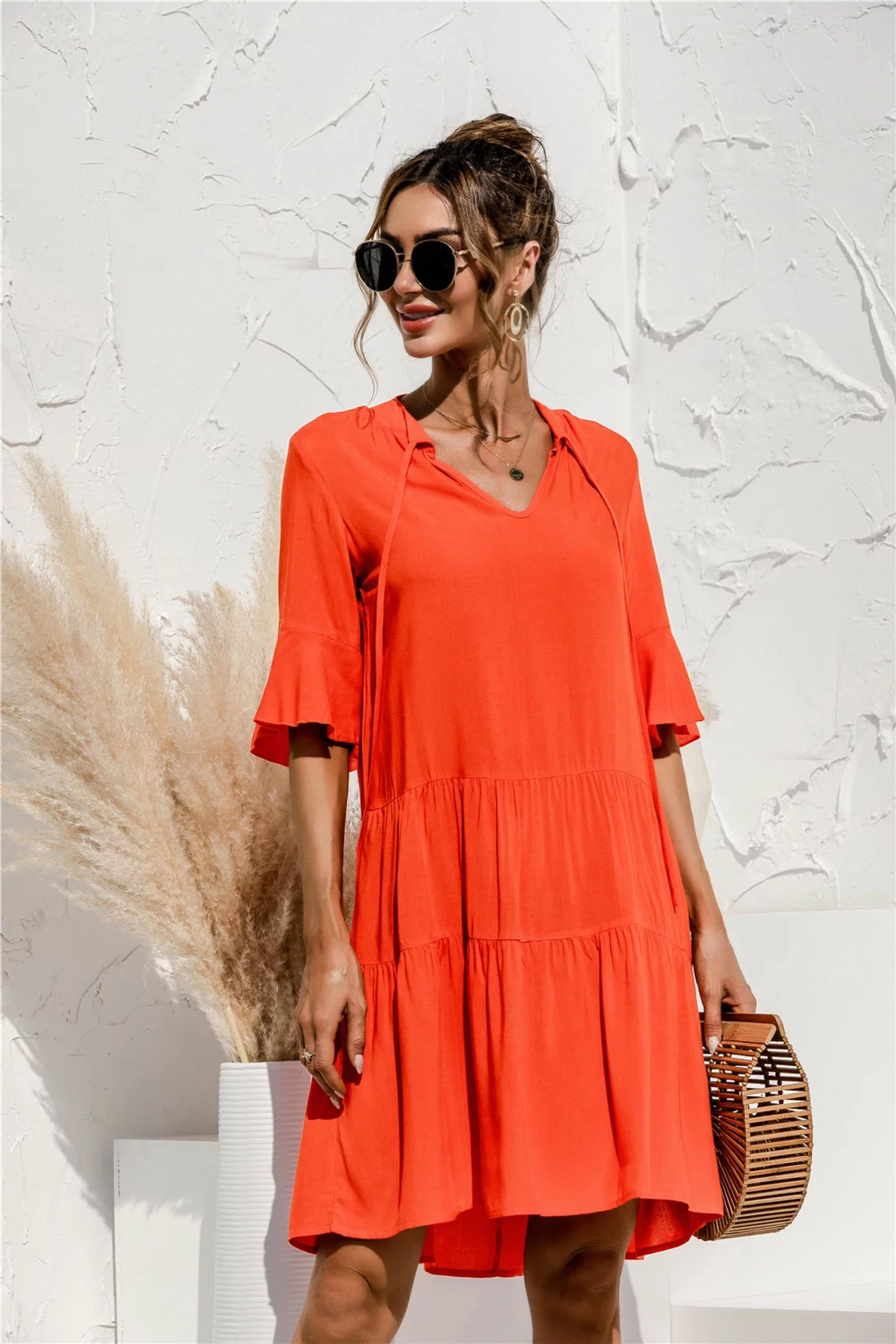 QINCAO Women Dresses Summer Dress V-Neck Short Sleeve T-Shirt Dress Babydoll Ruffles Casual Mini Female Dress - Walmart.com