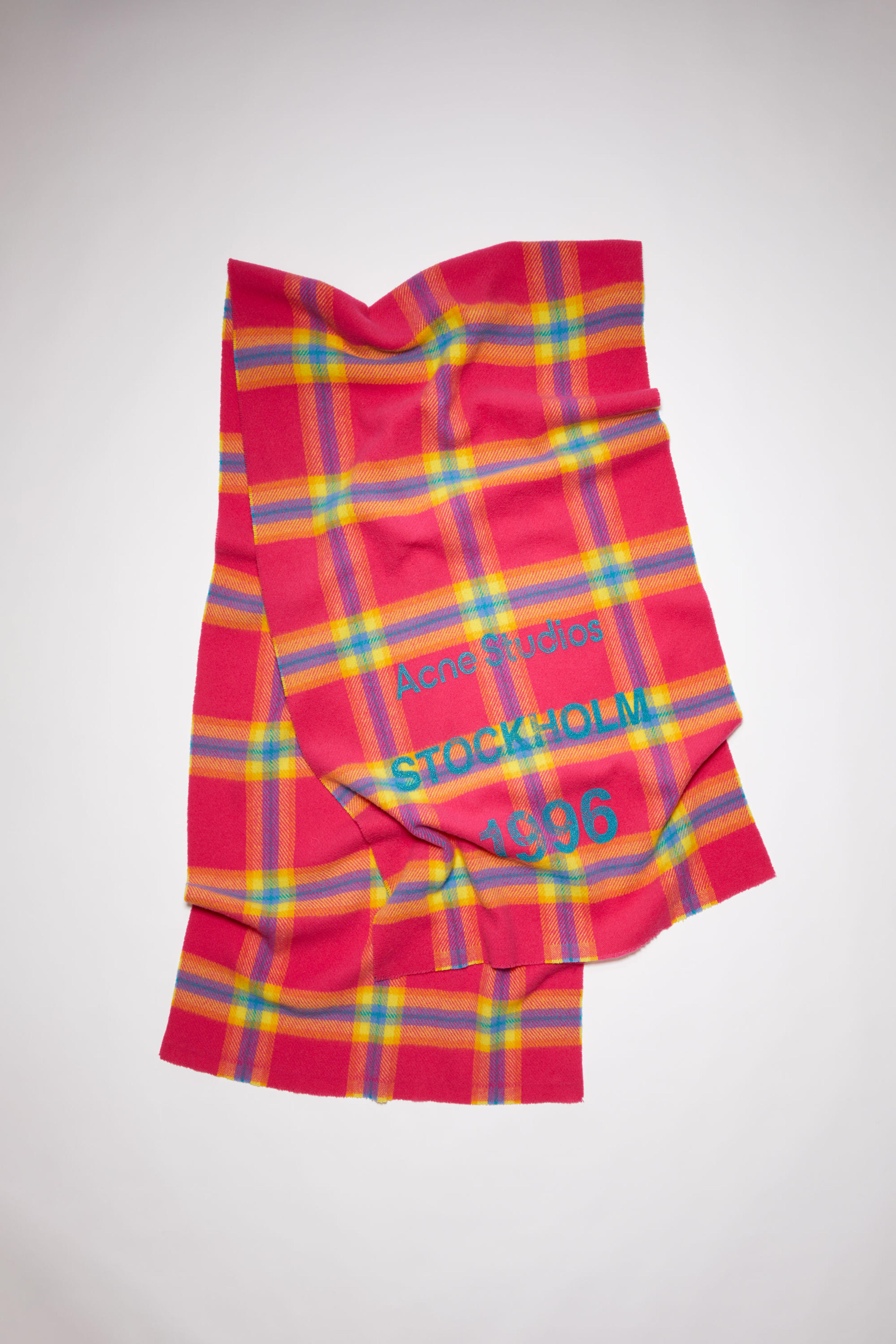 Acne Studios - Wool logo print checked scarf - Fuchsia/yellow