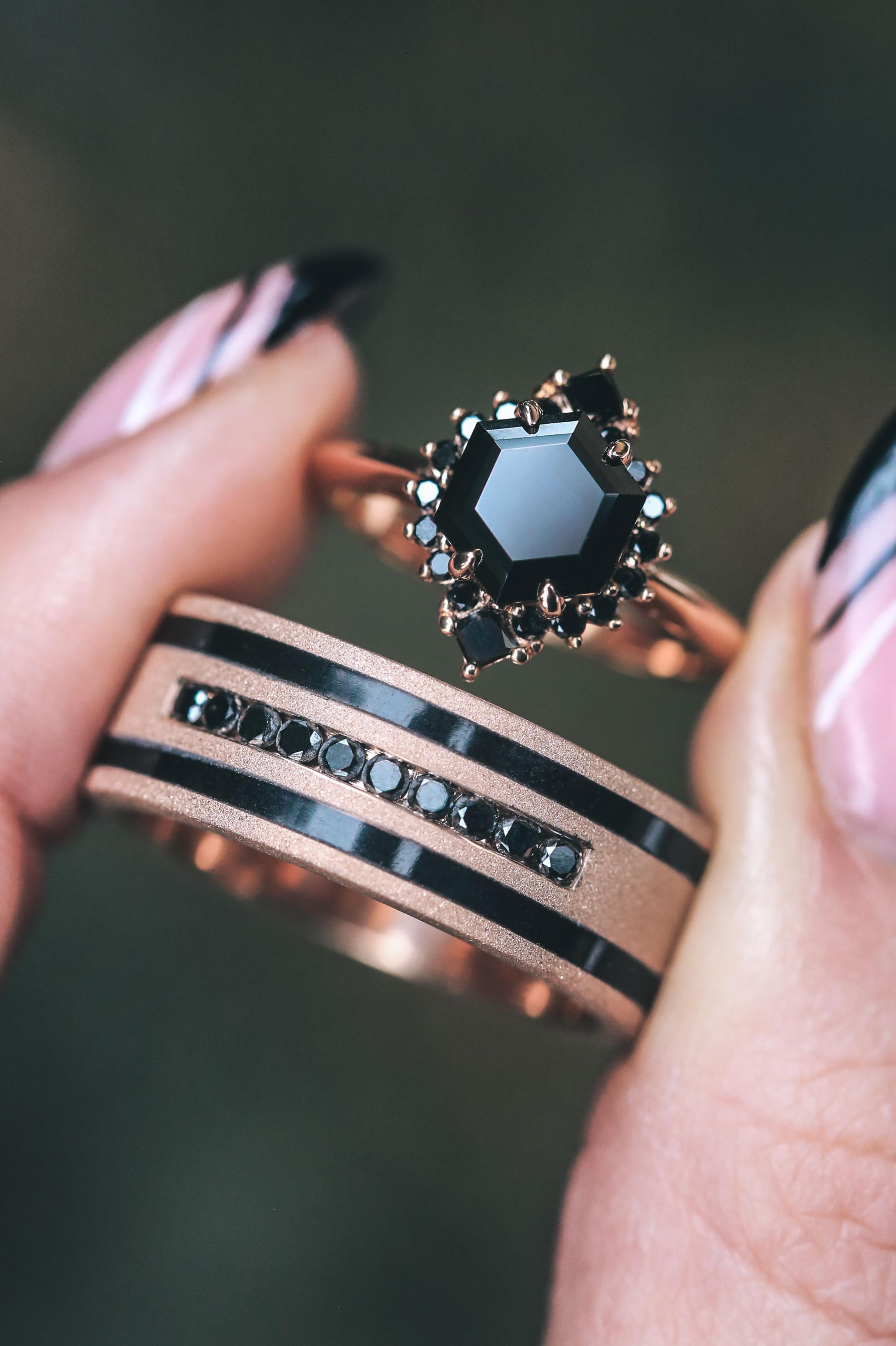 "Nerezza" Black Moissanite Engagement Ring & "Ryder" Black Diamond Band | Staghead Designs