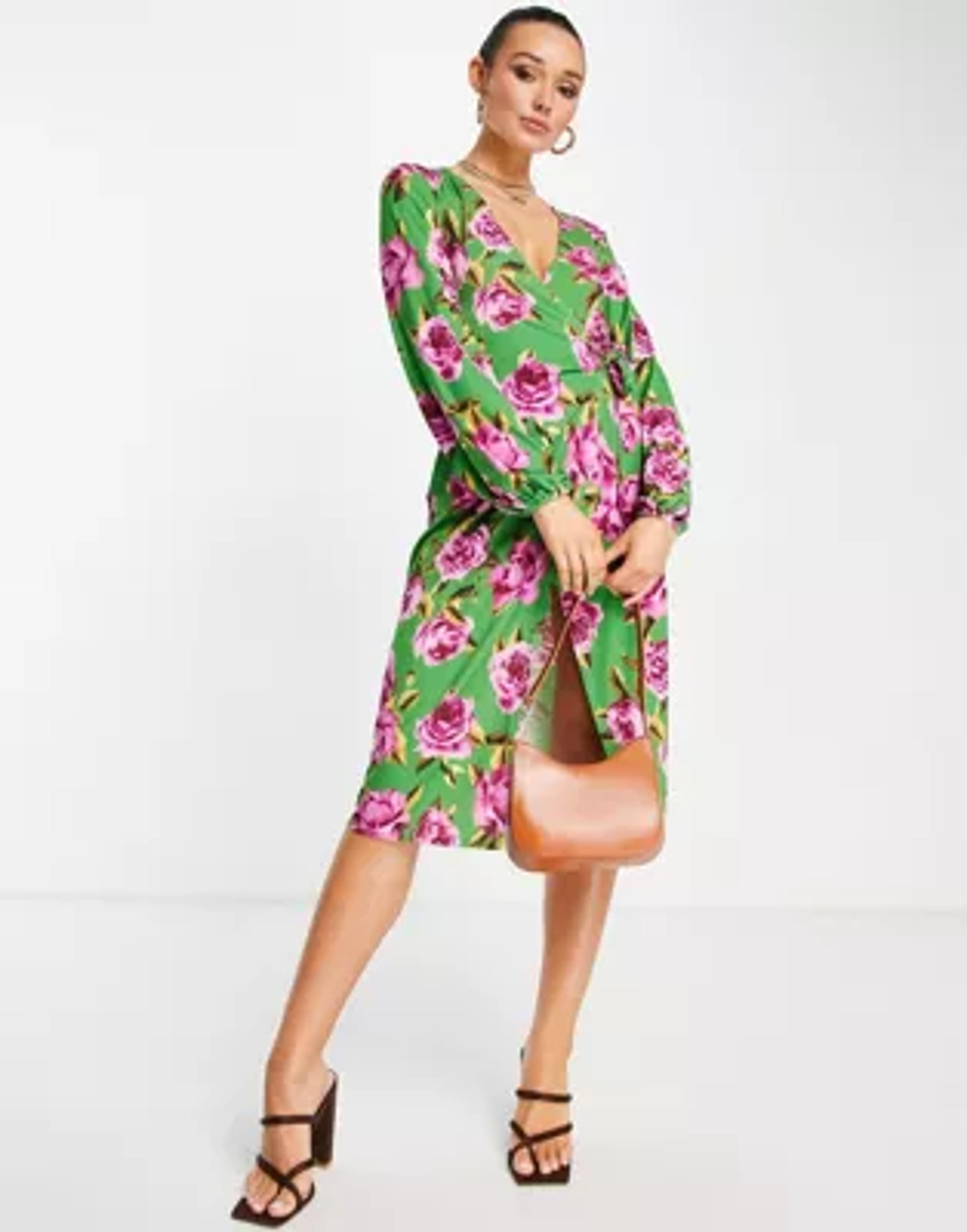 ASOS DESIGN blouson sleeve wrap midi dress in green and purple floral | ASOS