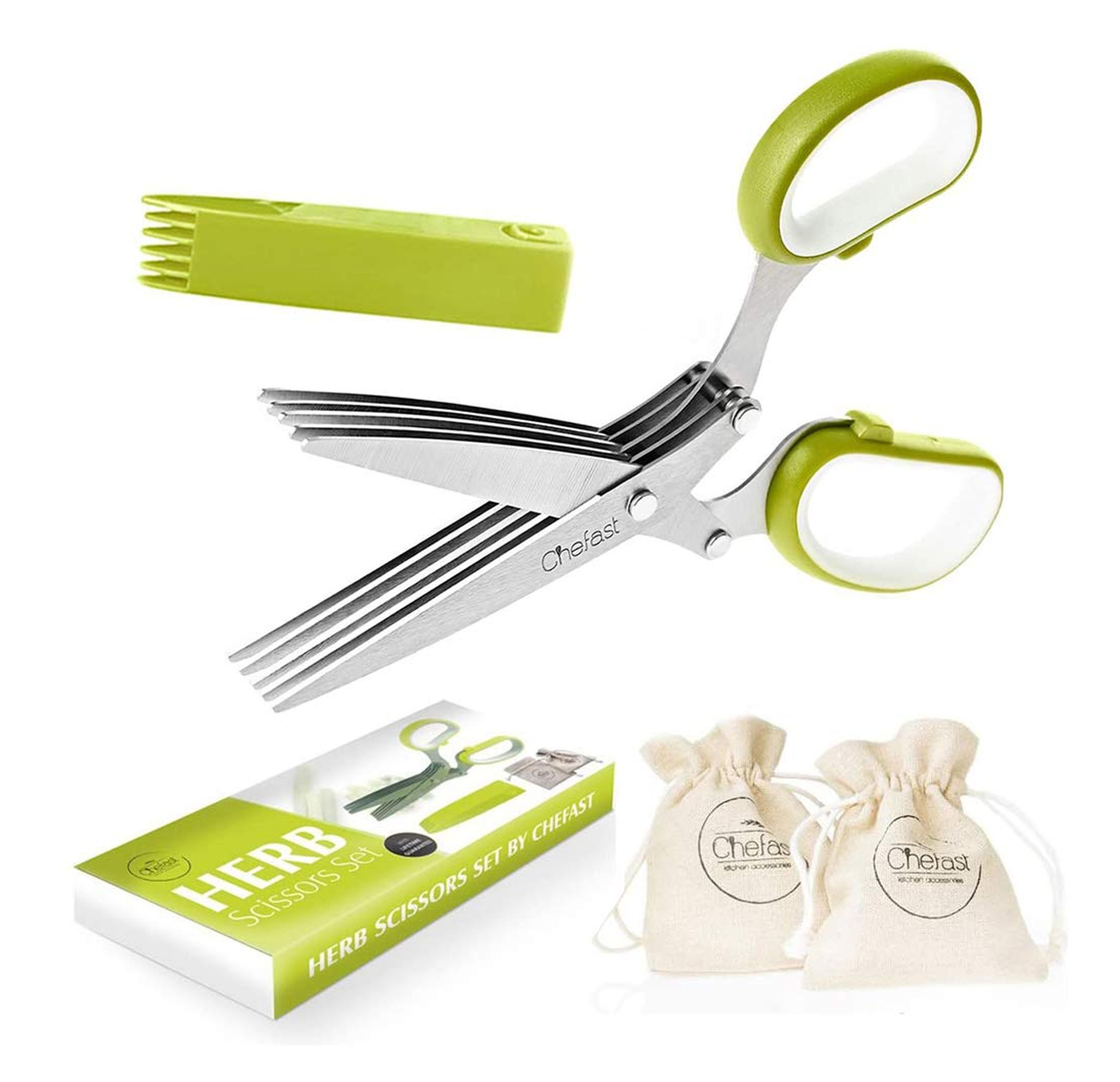 Amazon.com: Chefast Herb Scissors Set - Multipurpose Cutting Shears with 5 Stainless Steel Blades, Jute Pouches, and Safety Cover with Cleaning Comb - Cutter / Chopper / Mincer for Herbs - Kitchen Gadget : Home & Kitchen