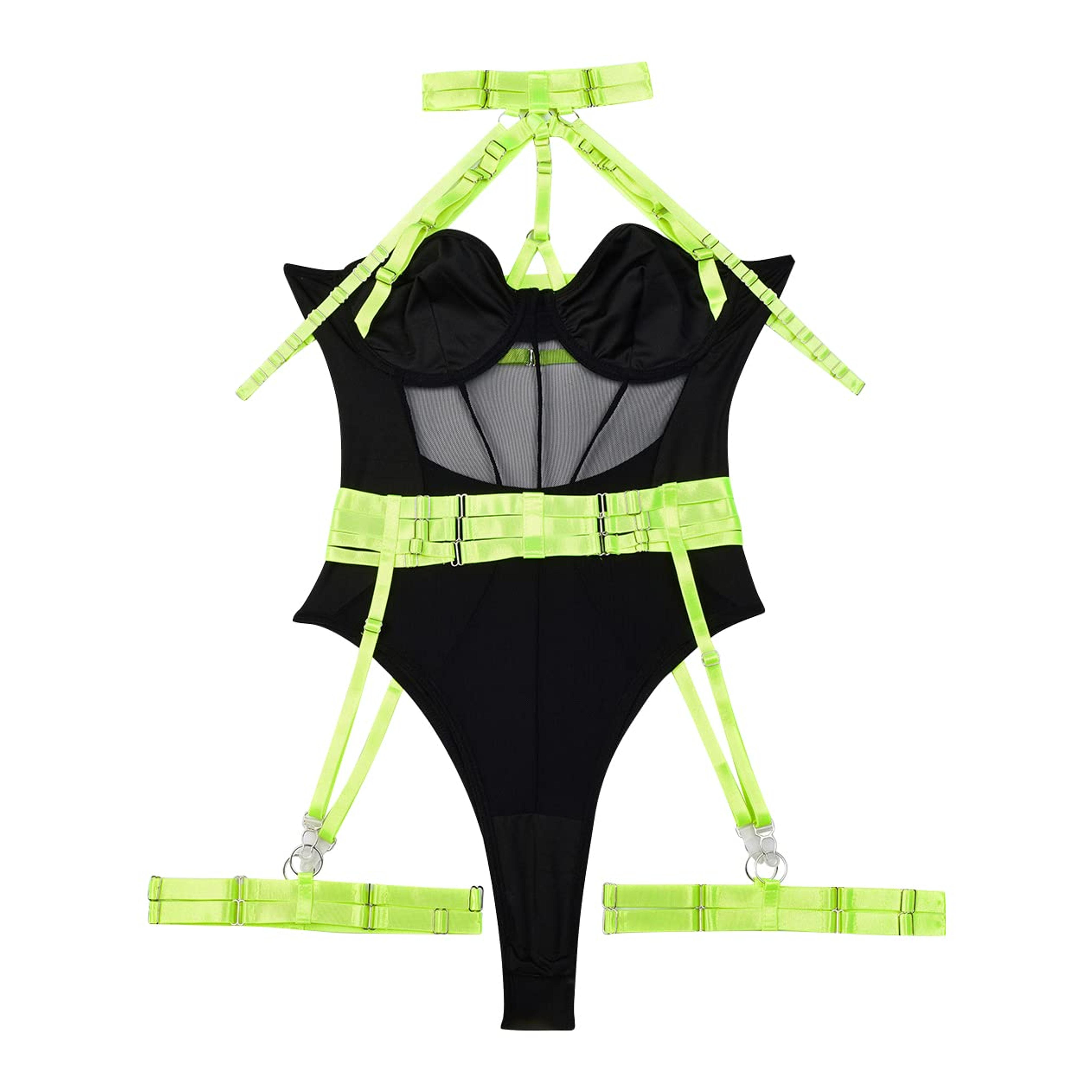 ABAFIP Women Rave Outfits Halter Bustier Corset Leotard Bodysuit Top Garters Belt Musical Festival Dancewear Lingerie Teddy Black+Green Small