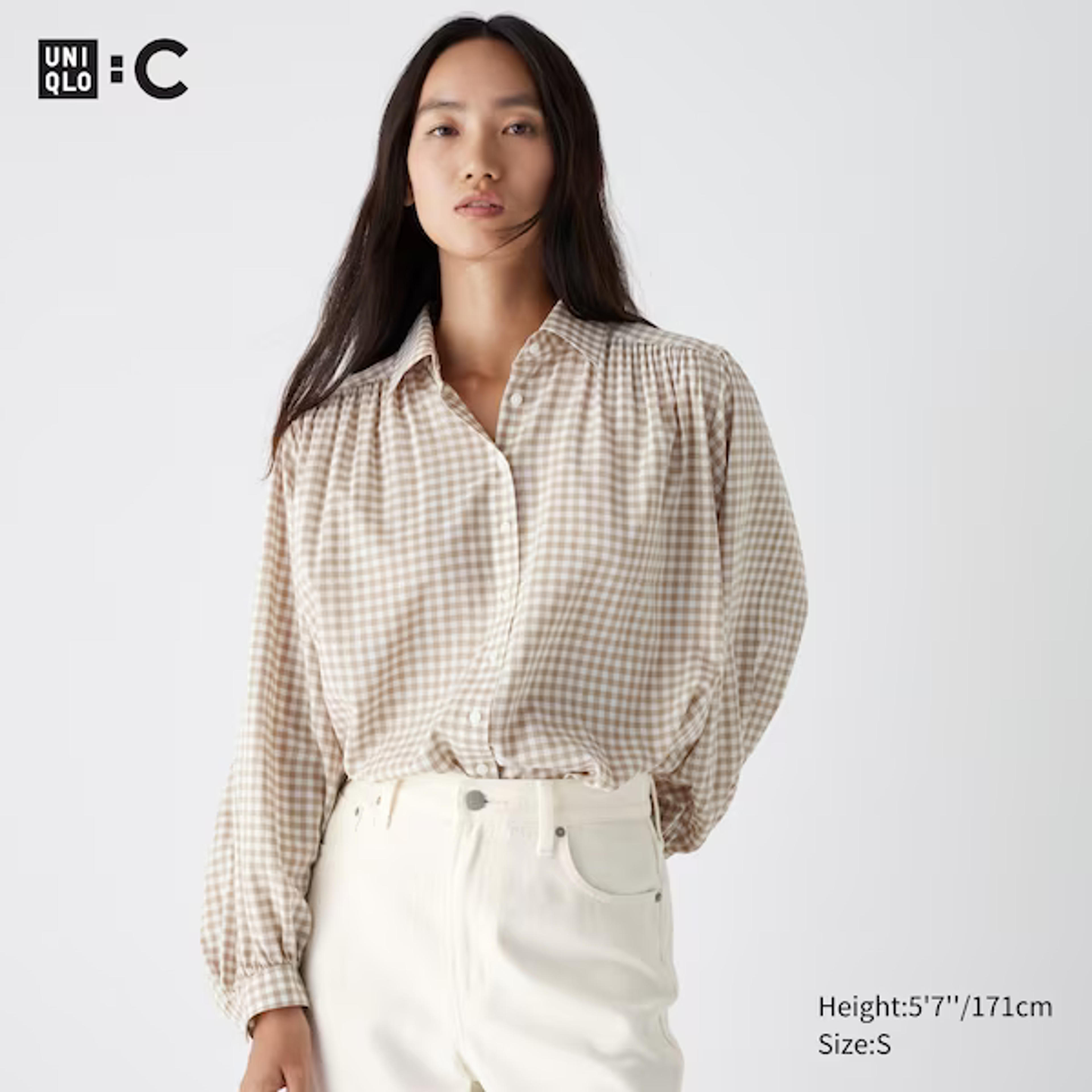 Gathered Checked Volume Long-Sleeve Blouse | UNIQLO US