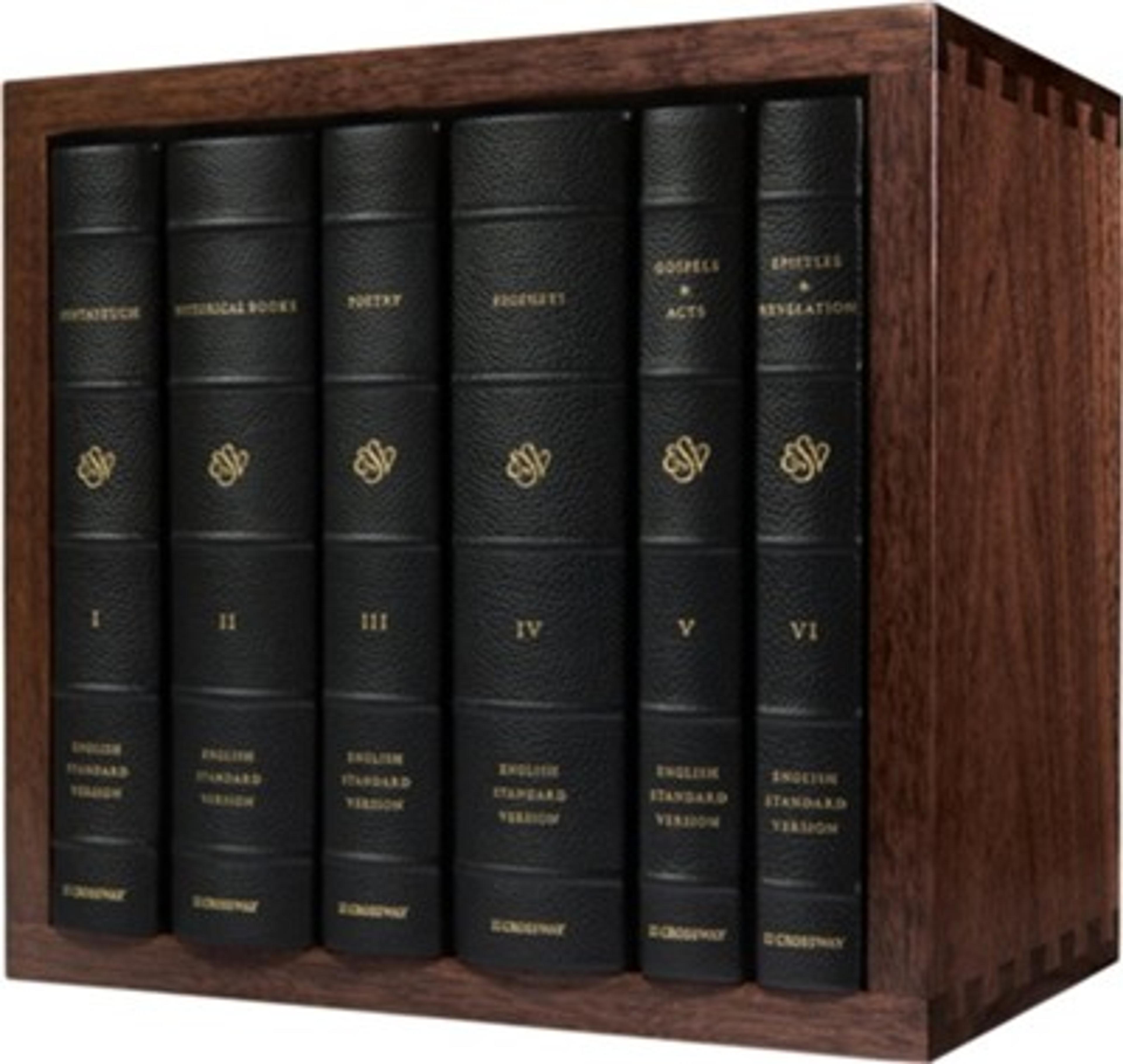 ESV Reader's Bible, Six-Volume Set--Black goatskin over Board with Verse Numbers and Solid Walnut Slipcase: 9781433565656 - Christianbook.com