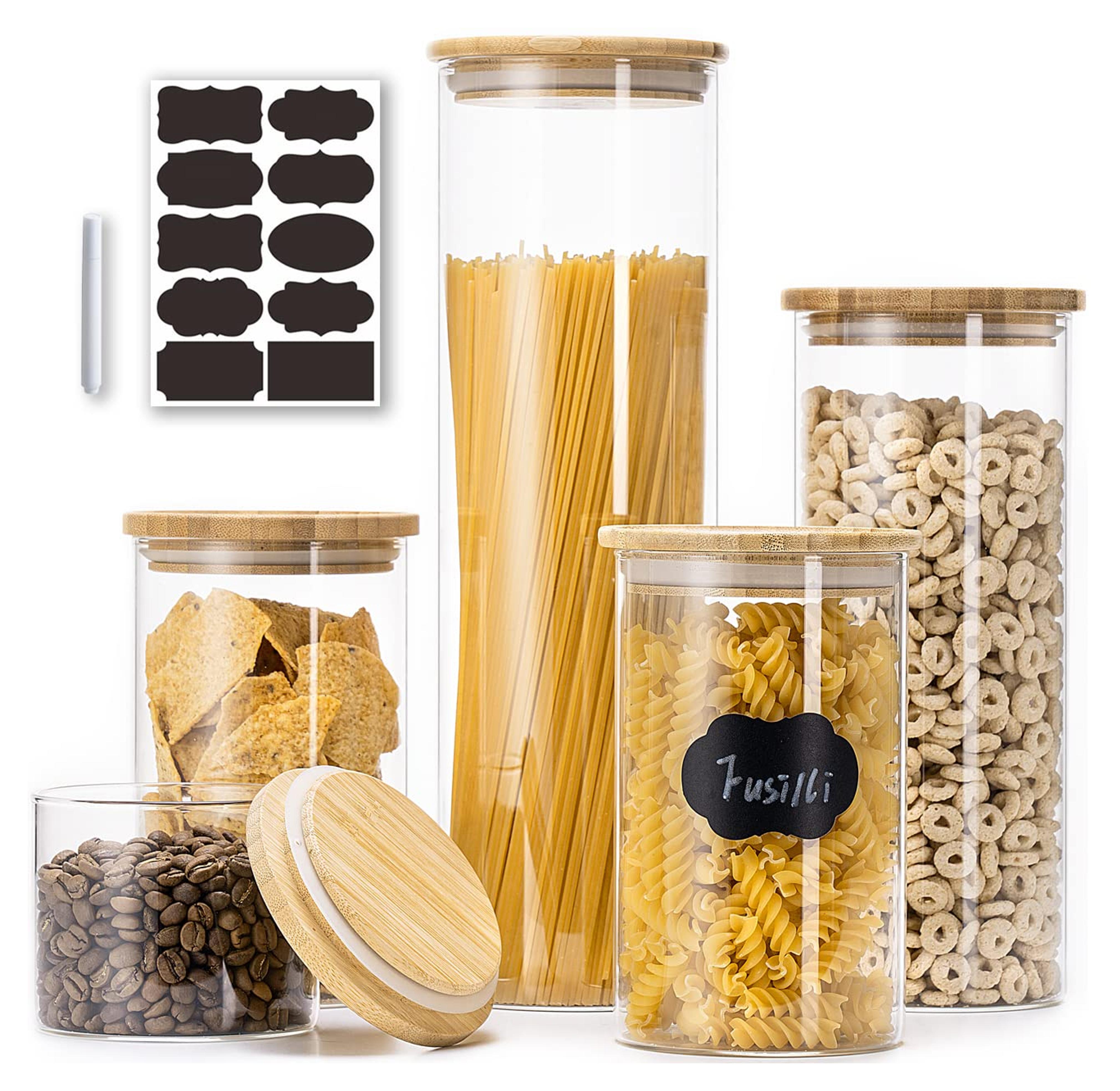 Glass Jars with Bamboo Lids, Glass Food Storage Jars with Wood Lids for Pantry, Glass Canisters Sets with Wood lid for the Kitchen, 5 Pack Glass Pantry Storage Containers with Stackable Airtight Lids