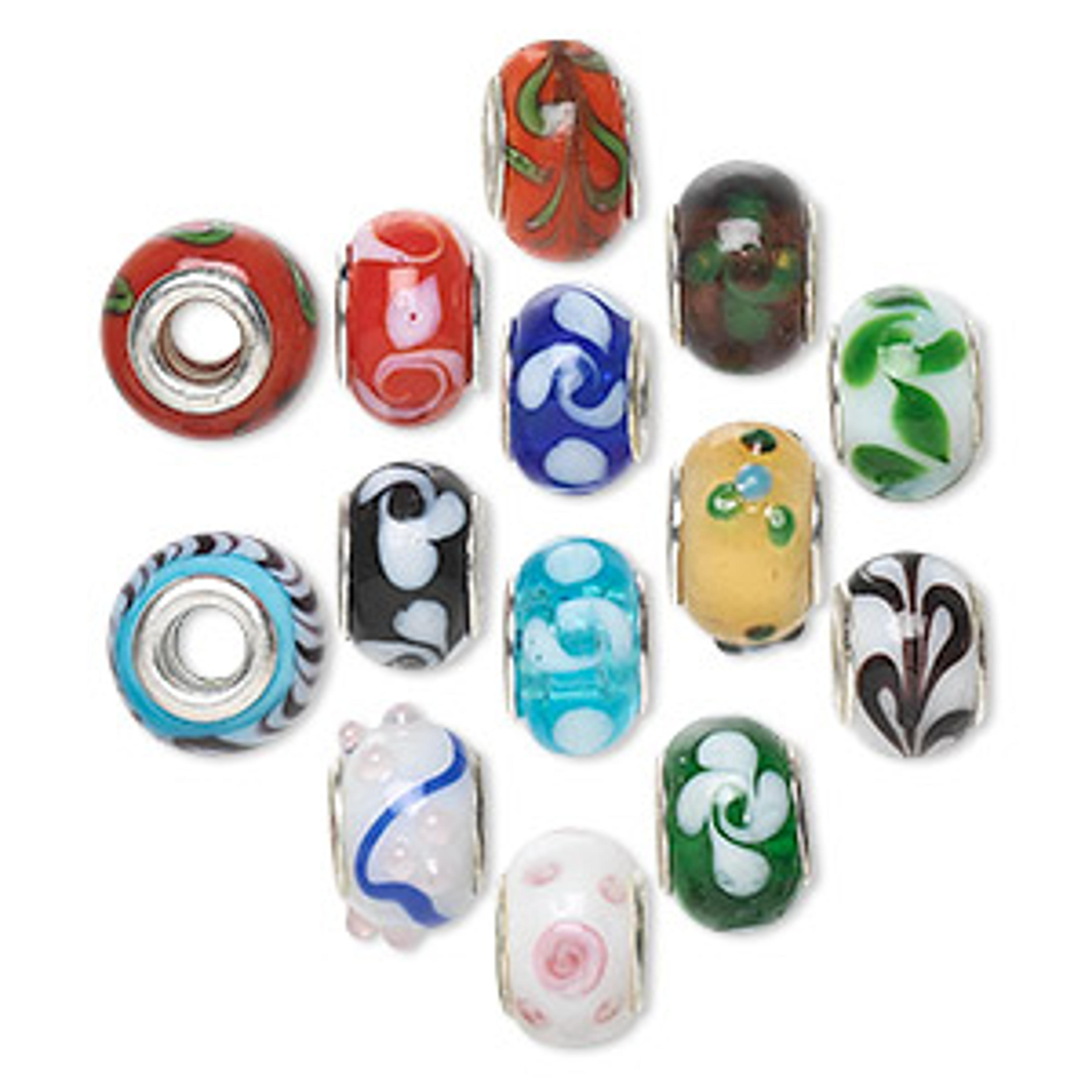 Bead mix, Dione®, lampworked glass with silver-plated brass grommets, opaque and semitransparent mixed colors, 14x9mm rondelle with swirls. Sold per pkg of 14. - Fire Mountain Gems and Beads