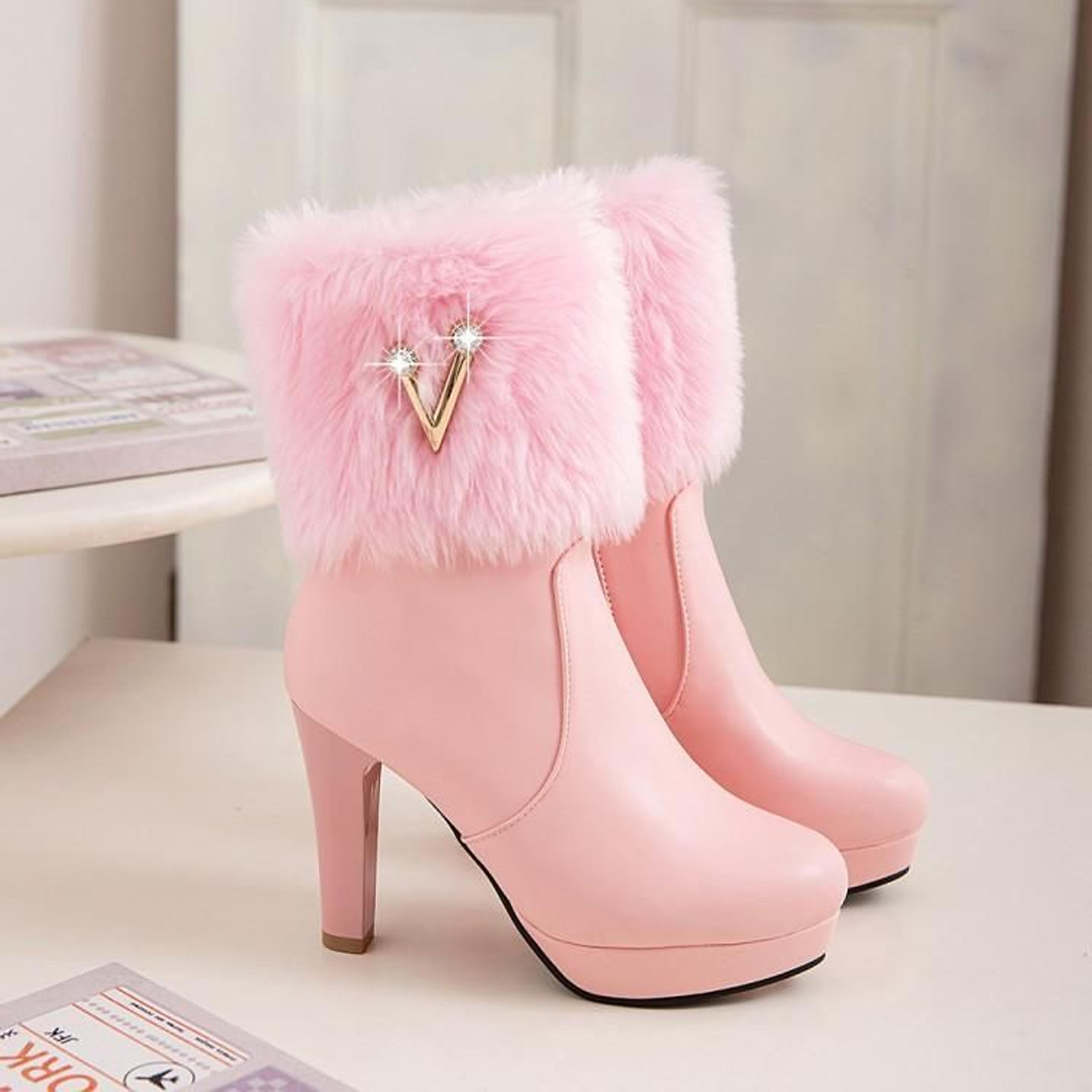 Rhinestone Faux Fur High Heel Platform Boots 3585 - 11 / White