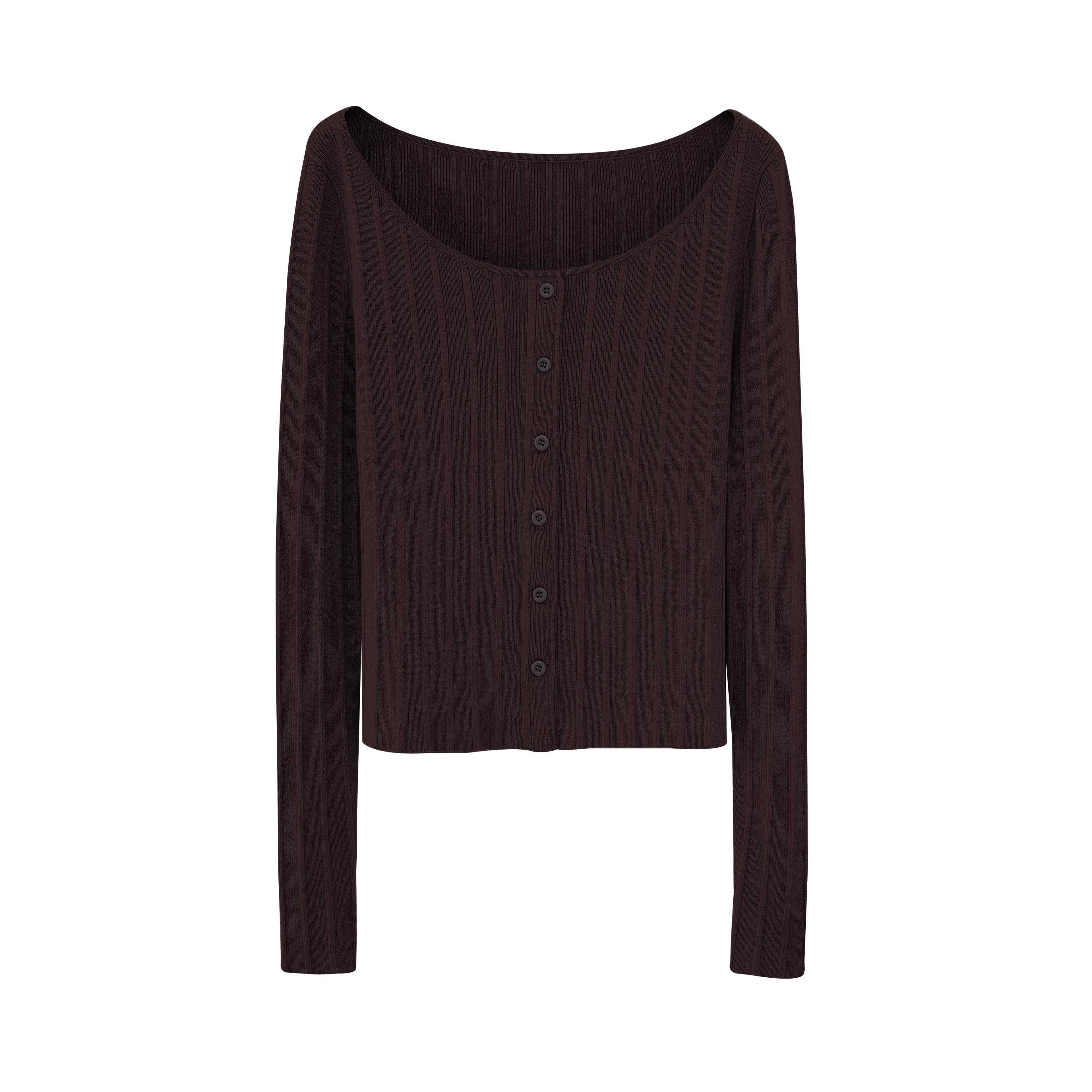 Knitted Ribbed Cardigan - Coffee / S