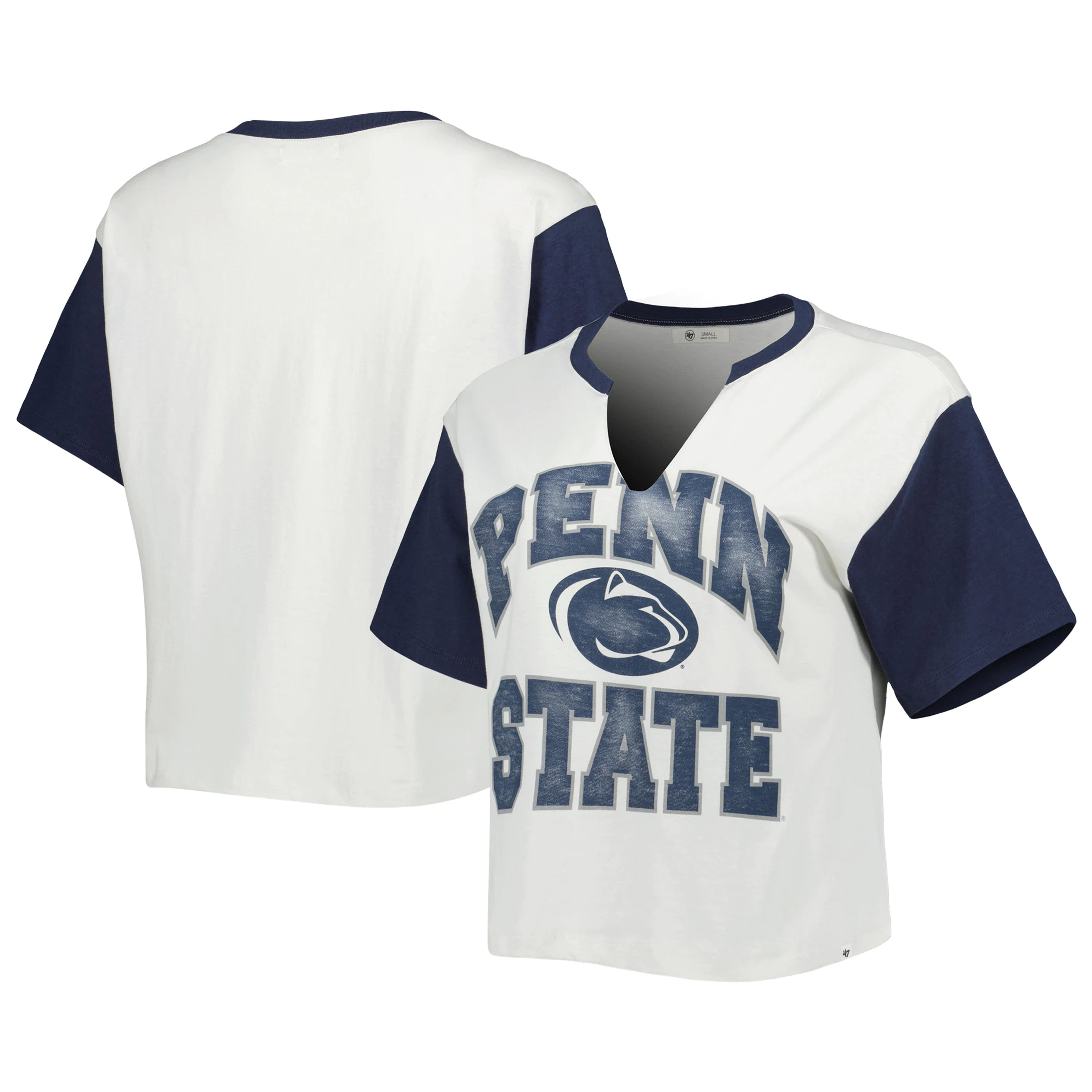 Women's '47 White/Navy Penn State Nittany Lions Inner Glow Dolly Cropped V-Neck T-Shirt