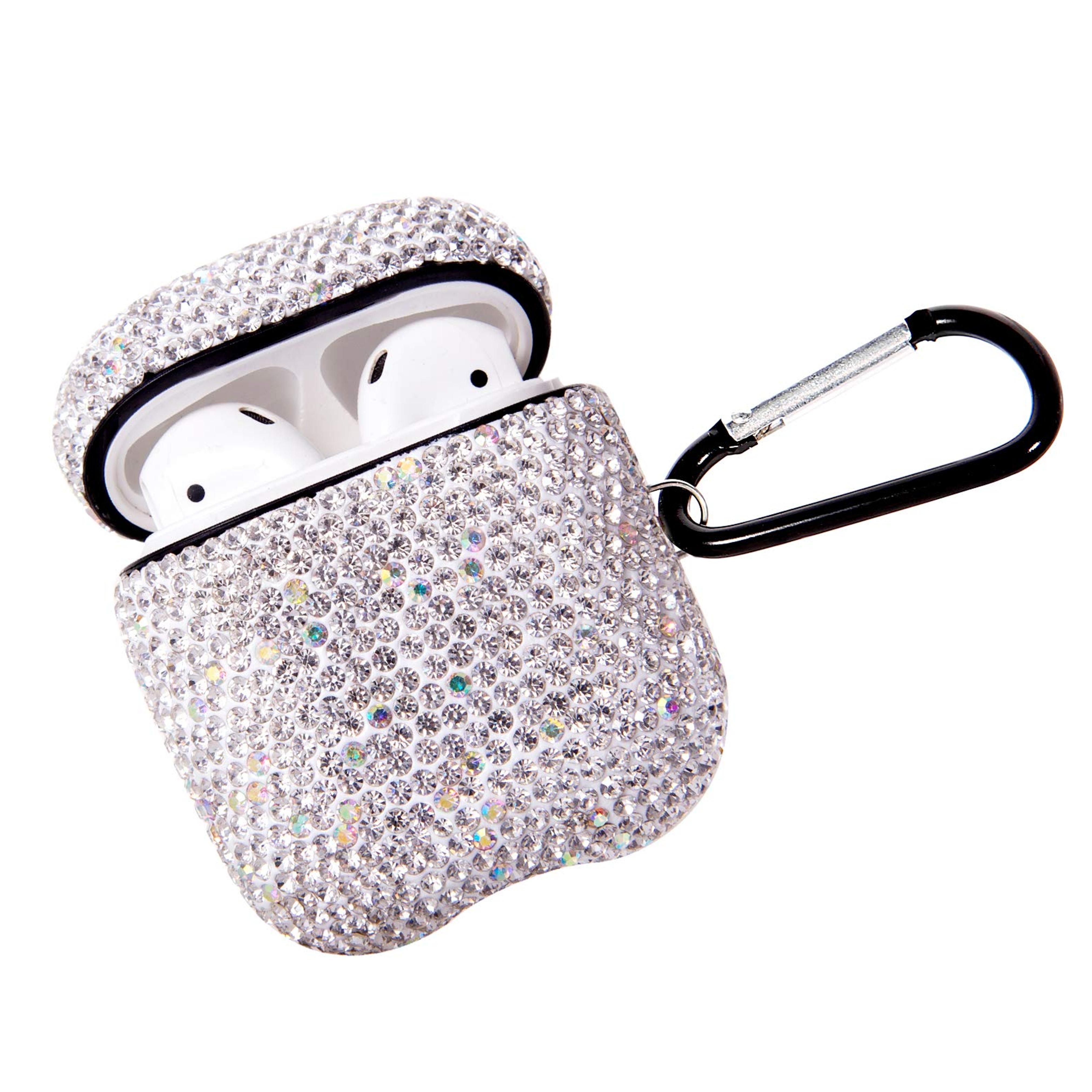 Sparkly Diamond Case for AirPods with Keychain, Shockproof Protective Premium Bling Rhinestone Cover Skin Compatible with AirPods Charging Case 2 & 1(White+AB C5)