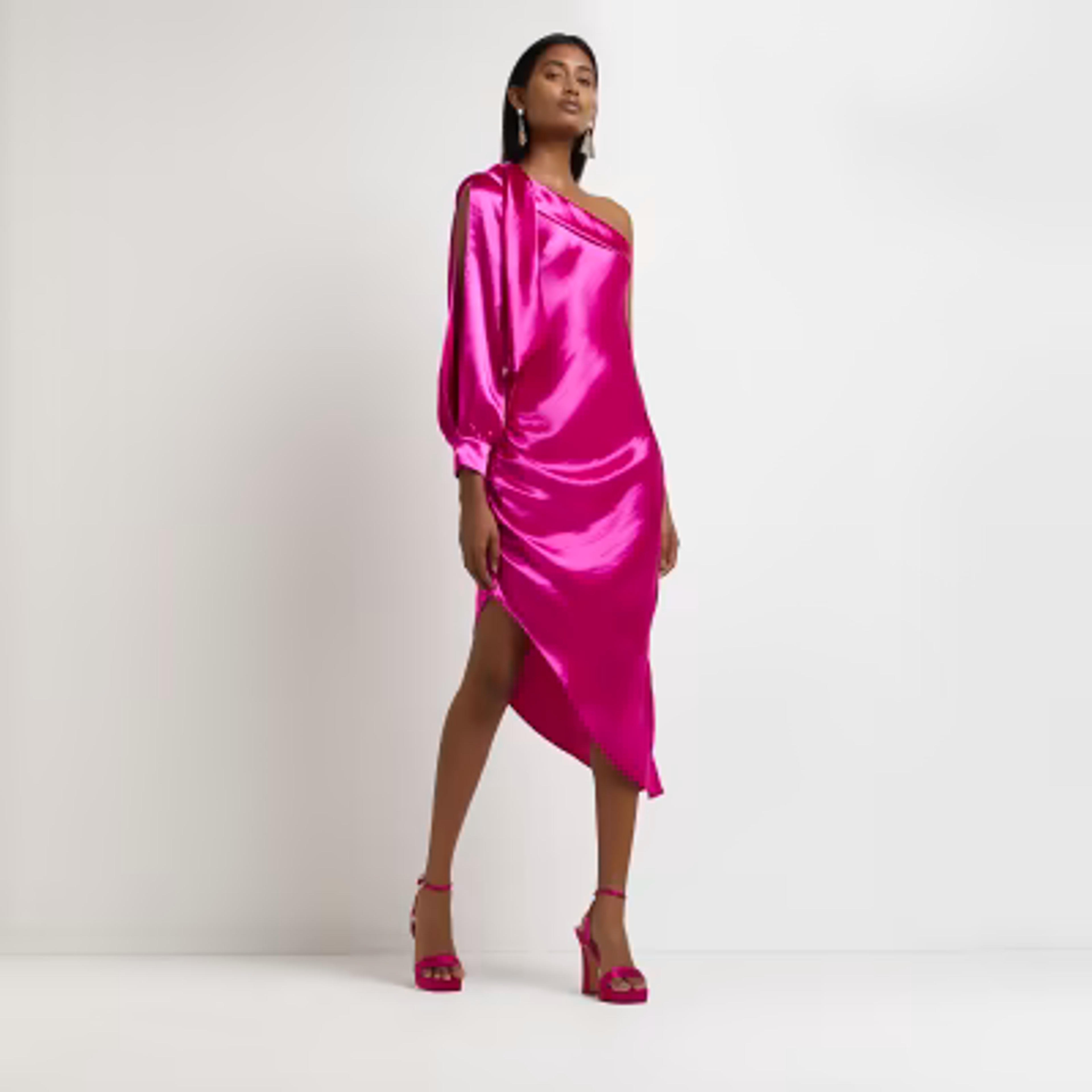 Pink asymmetric satin midi dress | River Island