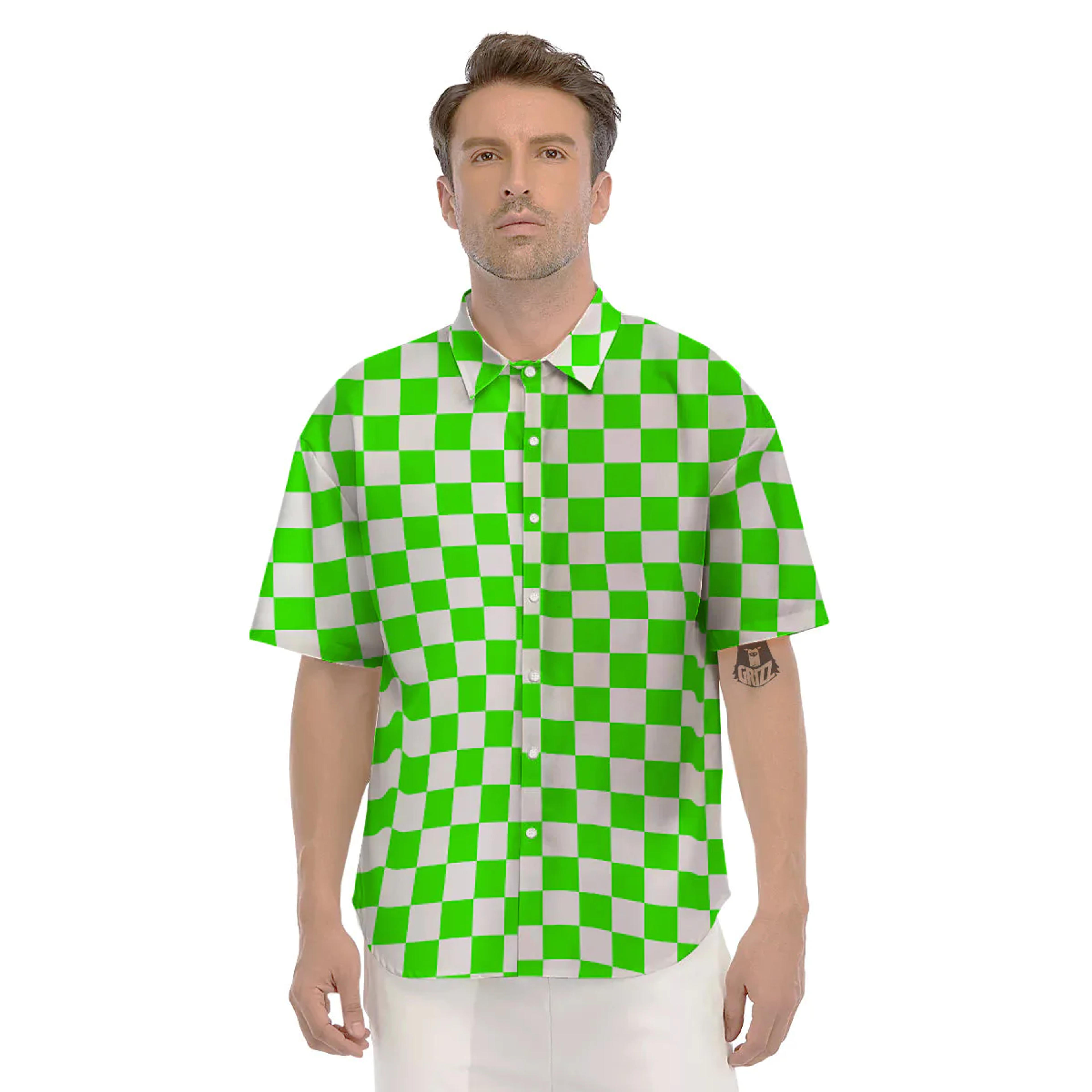 Green Neon Checkered Flag Print Men's Short Sleeve Shirts – Grizzshopping