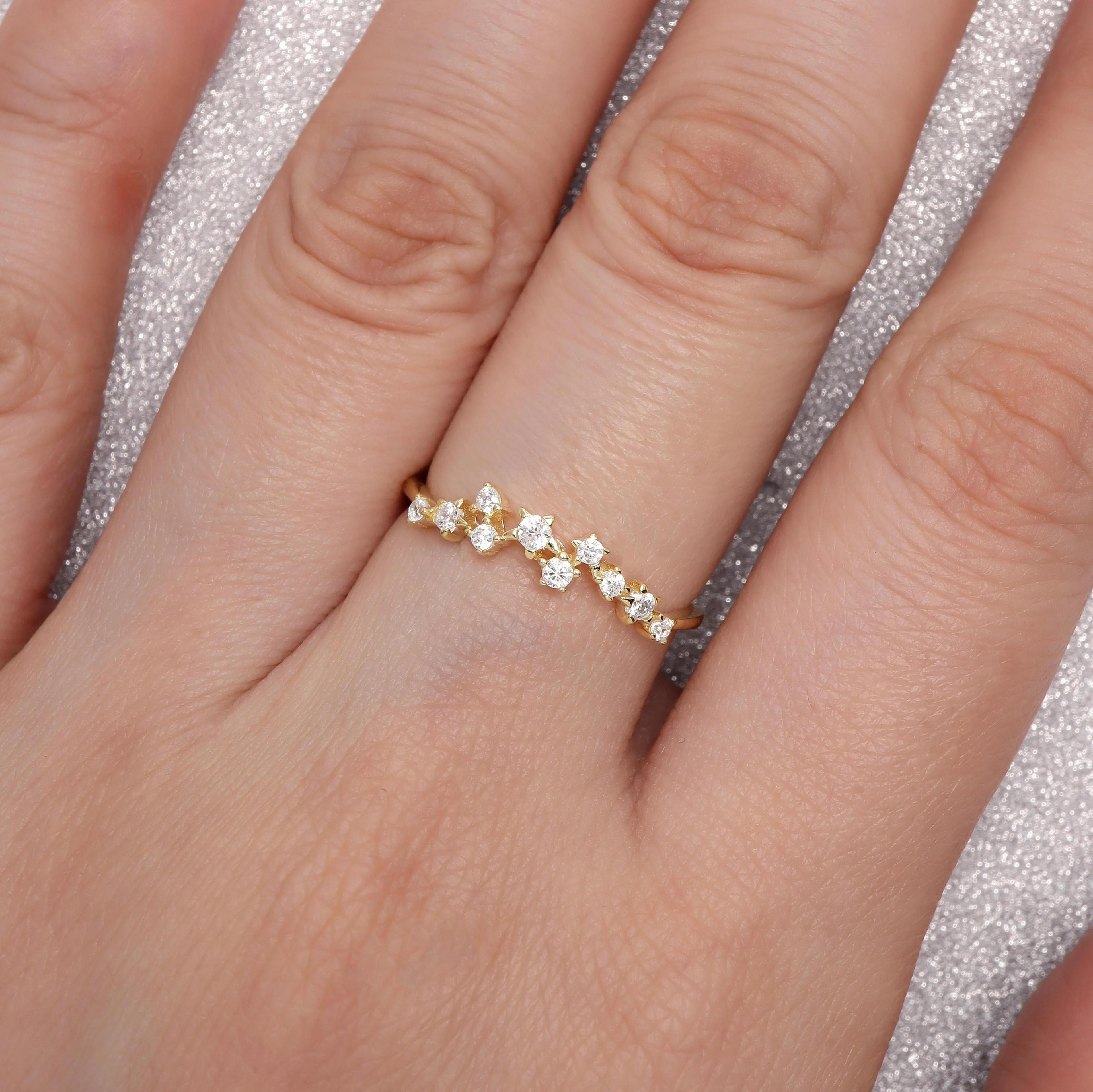 Star Cluster Gold Ring 14k Gold Plated Sterling Silver Ring