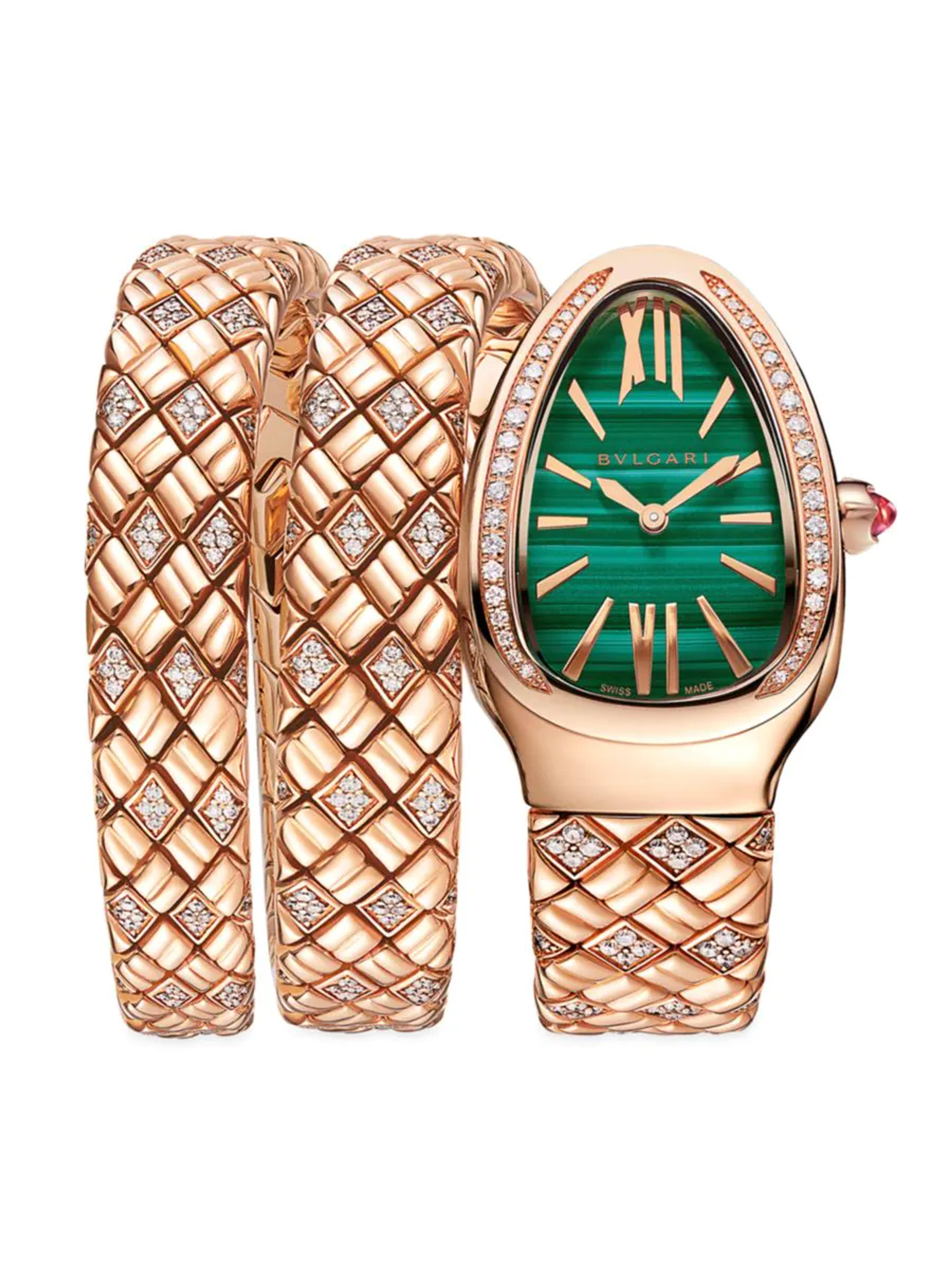 Shop BVLGARI Serpenti Spiga 18K Rose Gold, Malachite, & Diamond Small Double-Spiral Watch | Saks Fifth Avenue