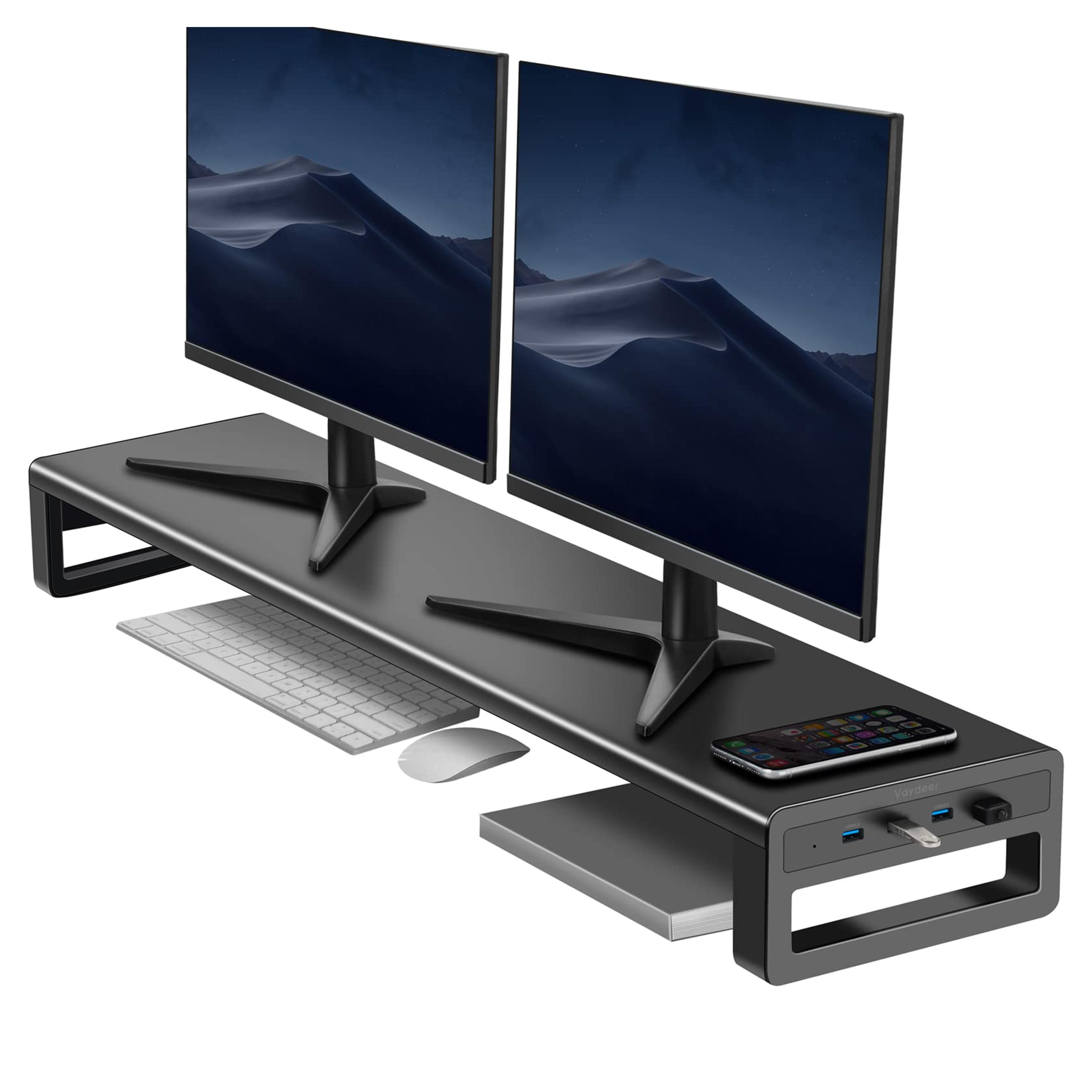 Dual Monitor Stand Computer Riser with USB 3.0 Hub Ports, Aluminum Strong&Sturdy Stand for Double Computer, TV, PC, Printer, Multi Media Speaker-Multifunctional Desktop Organizer