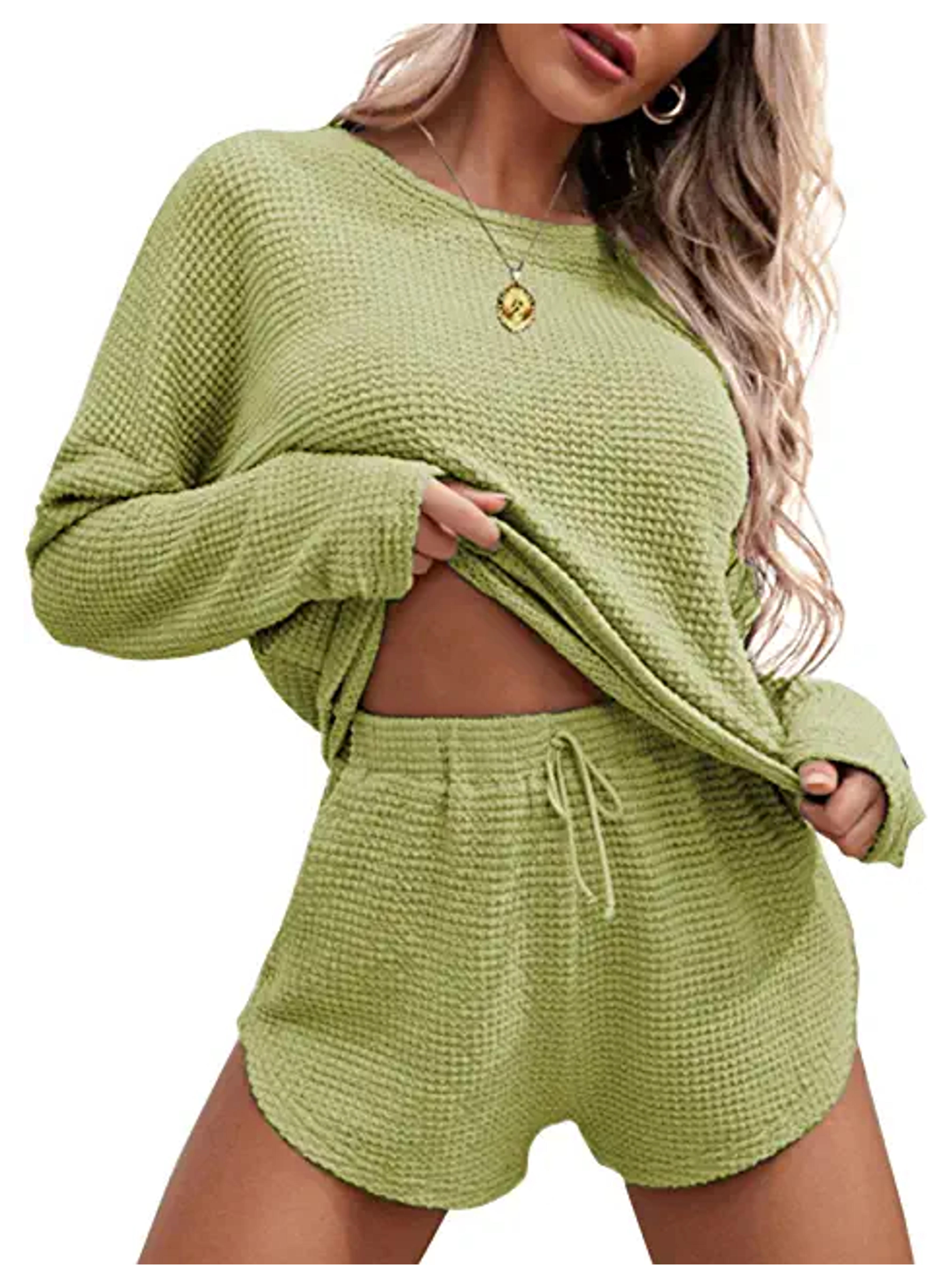 Ekouaer Womens Waffle Knit Pajama Sets Long Sleeve Top and Shorts Matching Lounge Set Loungewear Sweatsuit with Pockets at Amazon Women’s Clothing store