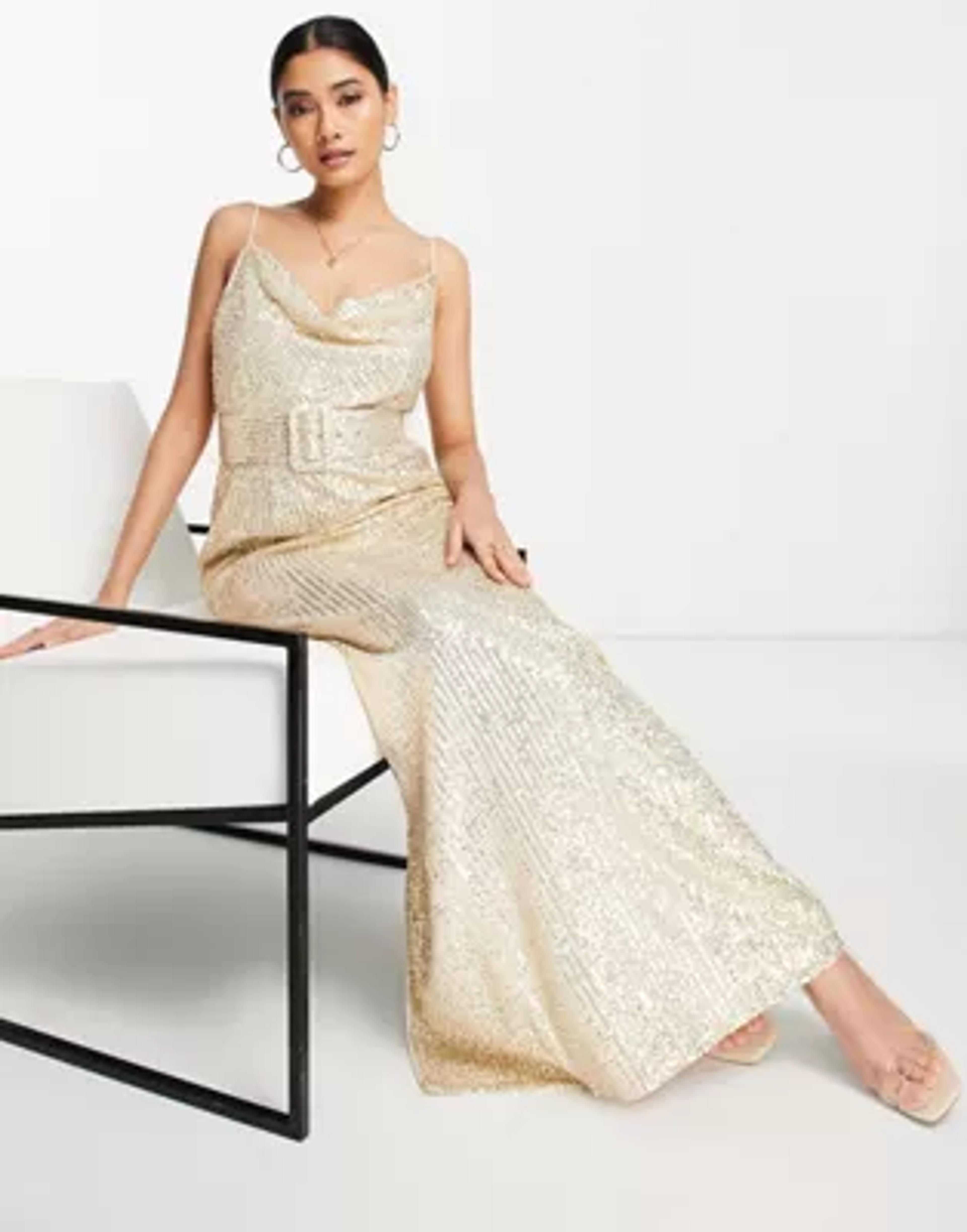 ASOS DESIGN cami embellished maxi dress with a belt in gold | ASOS