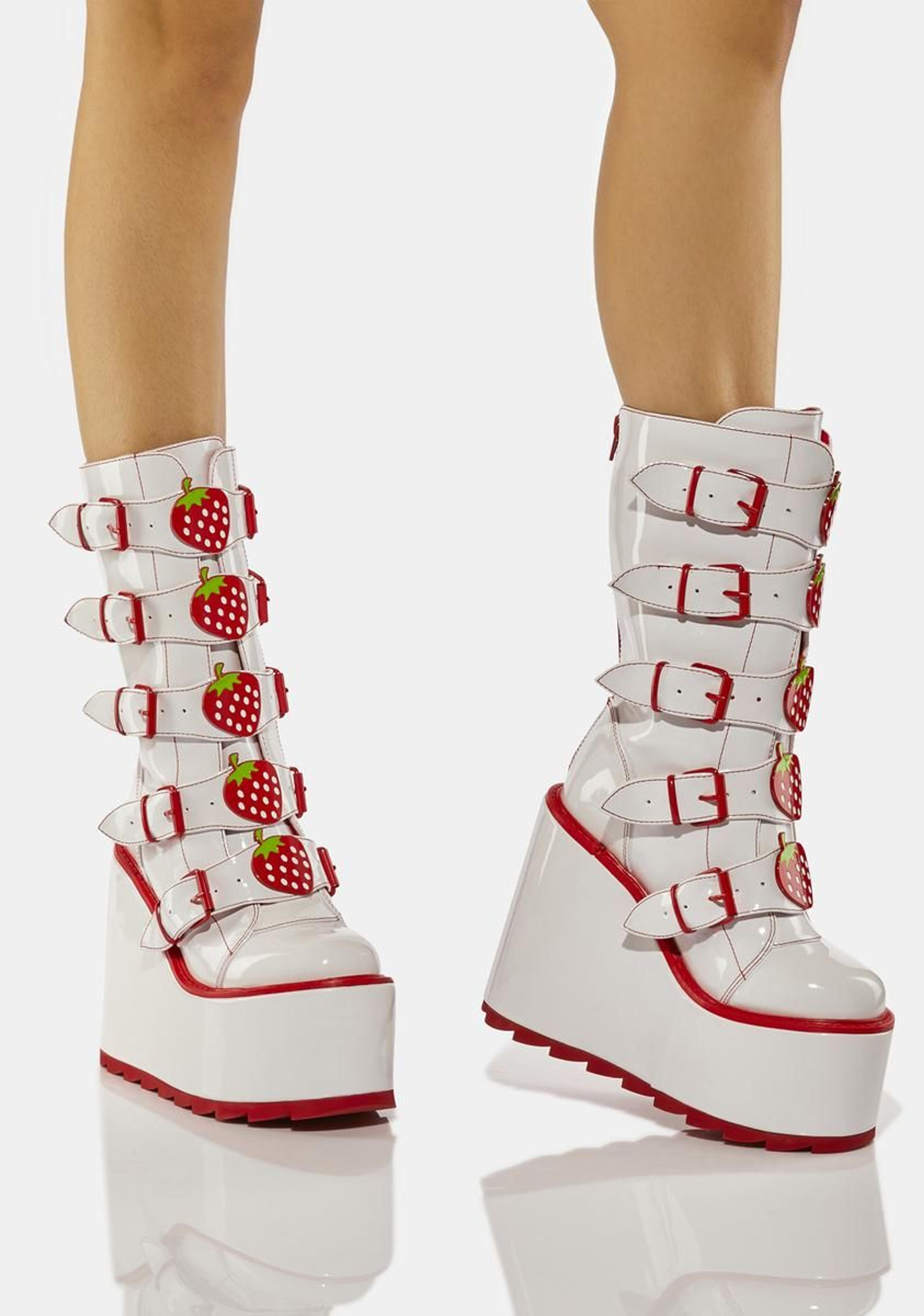 YRU Strawberry Platform Boots - White/Red Patent