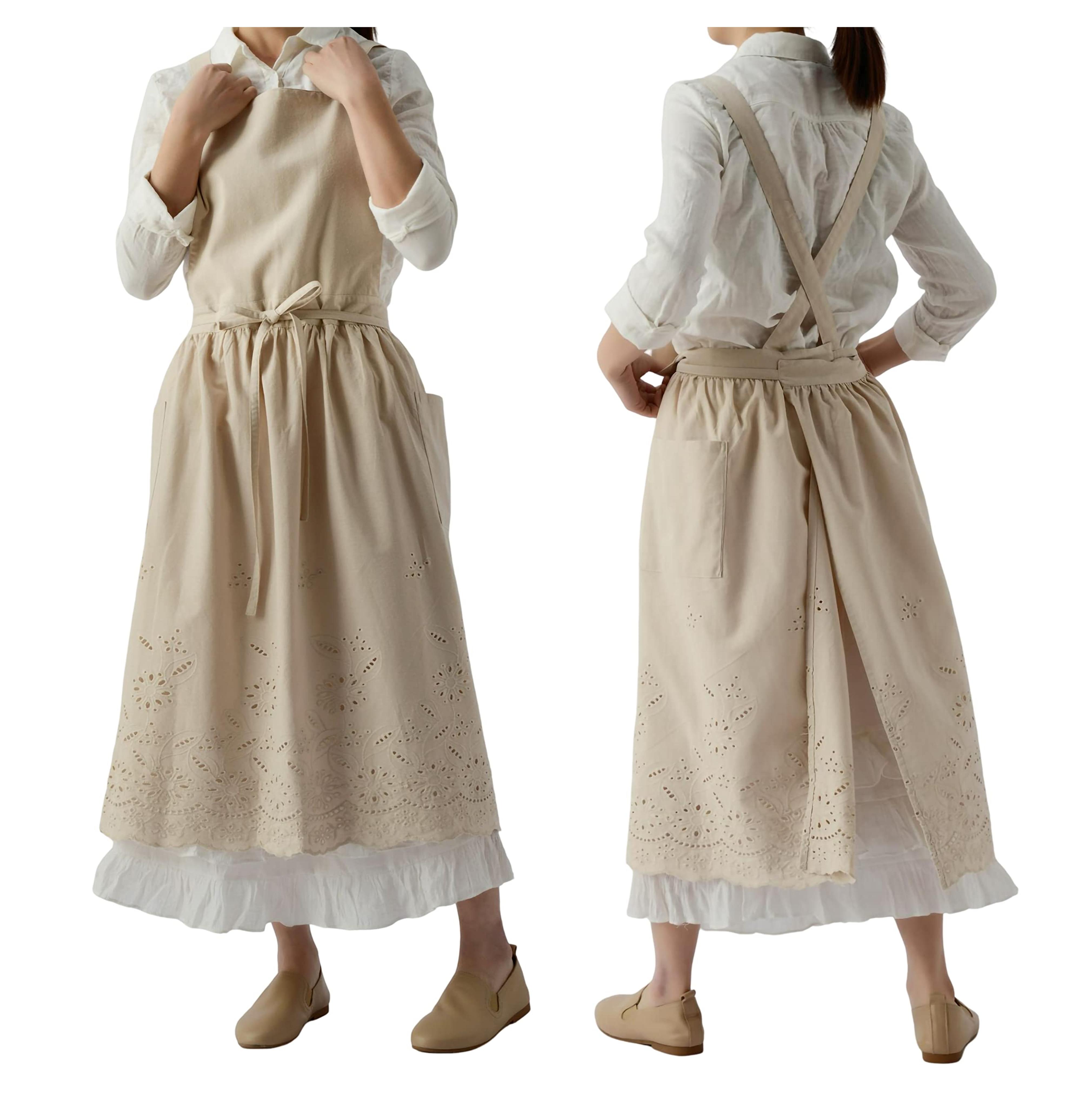 TALIBSA Pinafore Apron Dress，Japanese Cotton Linen Cross Back Apron for Women with Pockets，Pinafore Dress with Waist Ties