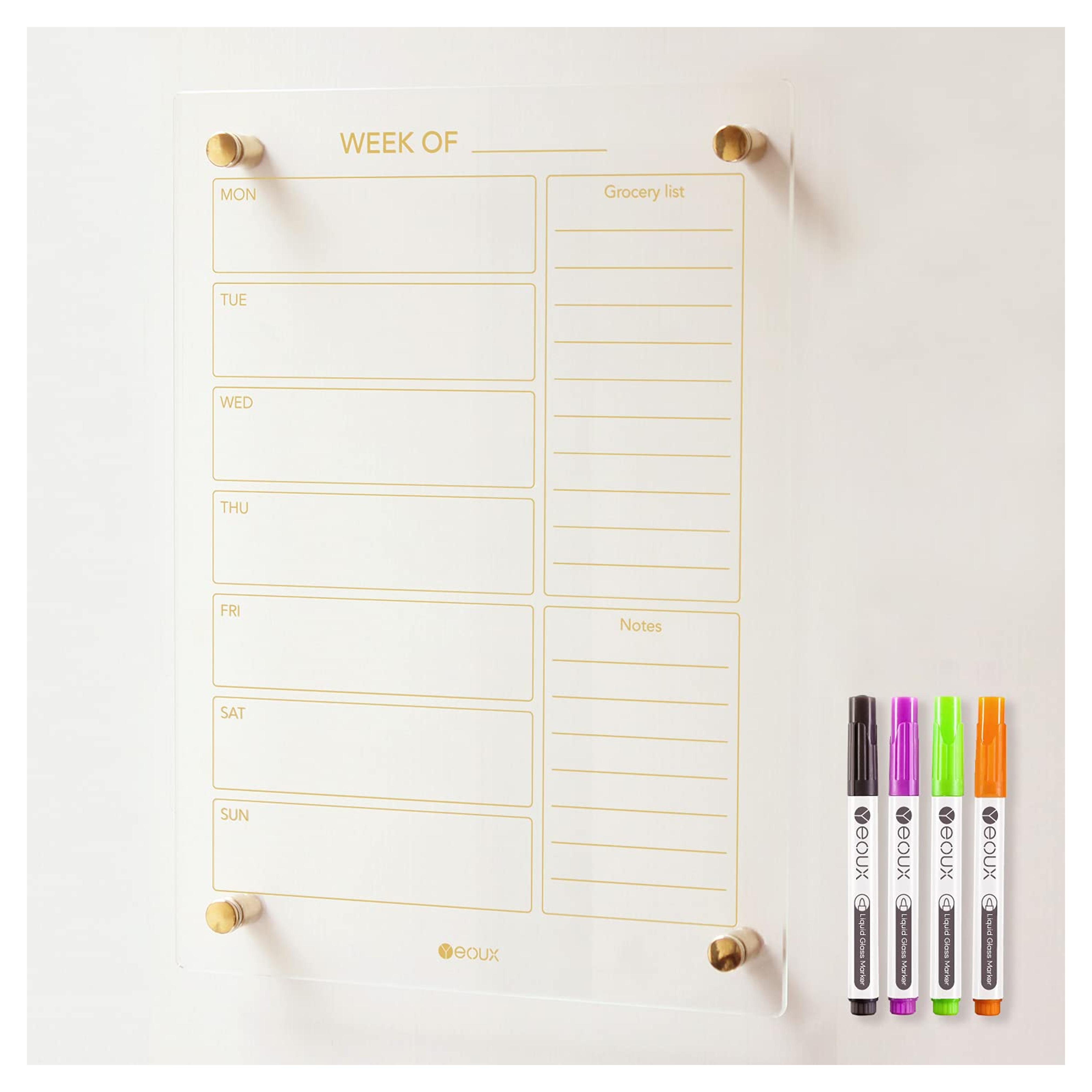 Amazon.com : Clear Glass Weekly Dry Erase Calendar & Menu Whiteboard for Wall, Meal Planning & Grocery Shopping List White Board for Kitchen, 15x11", 7 Days Planner for Home, 4 Wet Erase Markers Included, Yeoux : Office Products