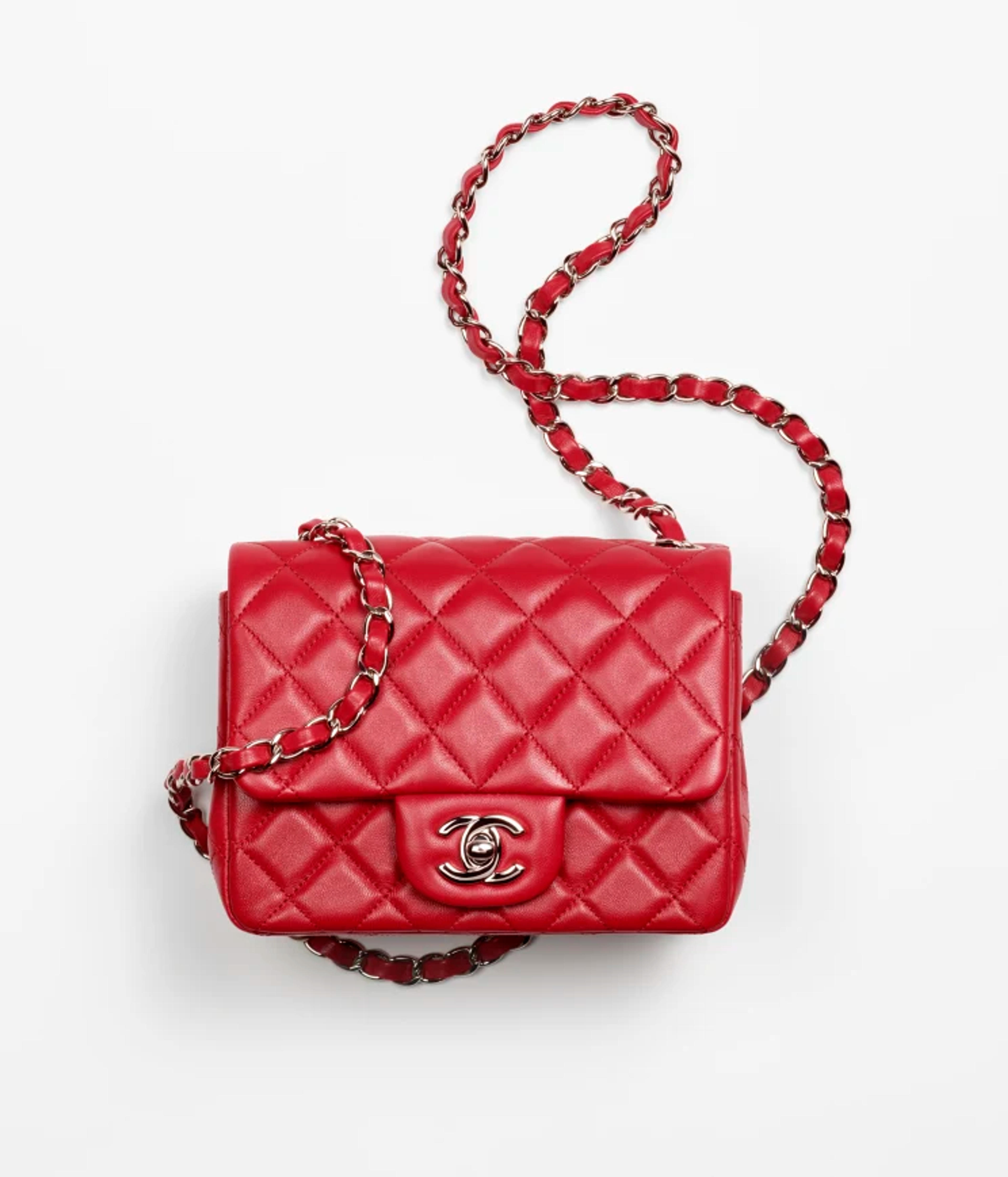 Mini flap bag, Lambskin & silver-tone metal, red — Fashion | CHANEL