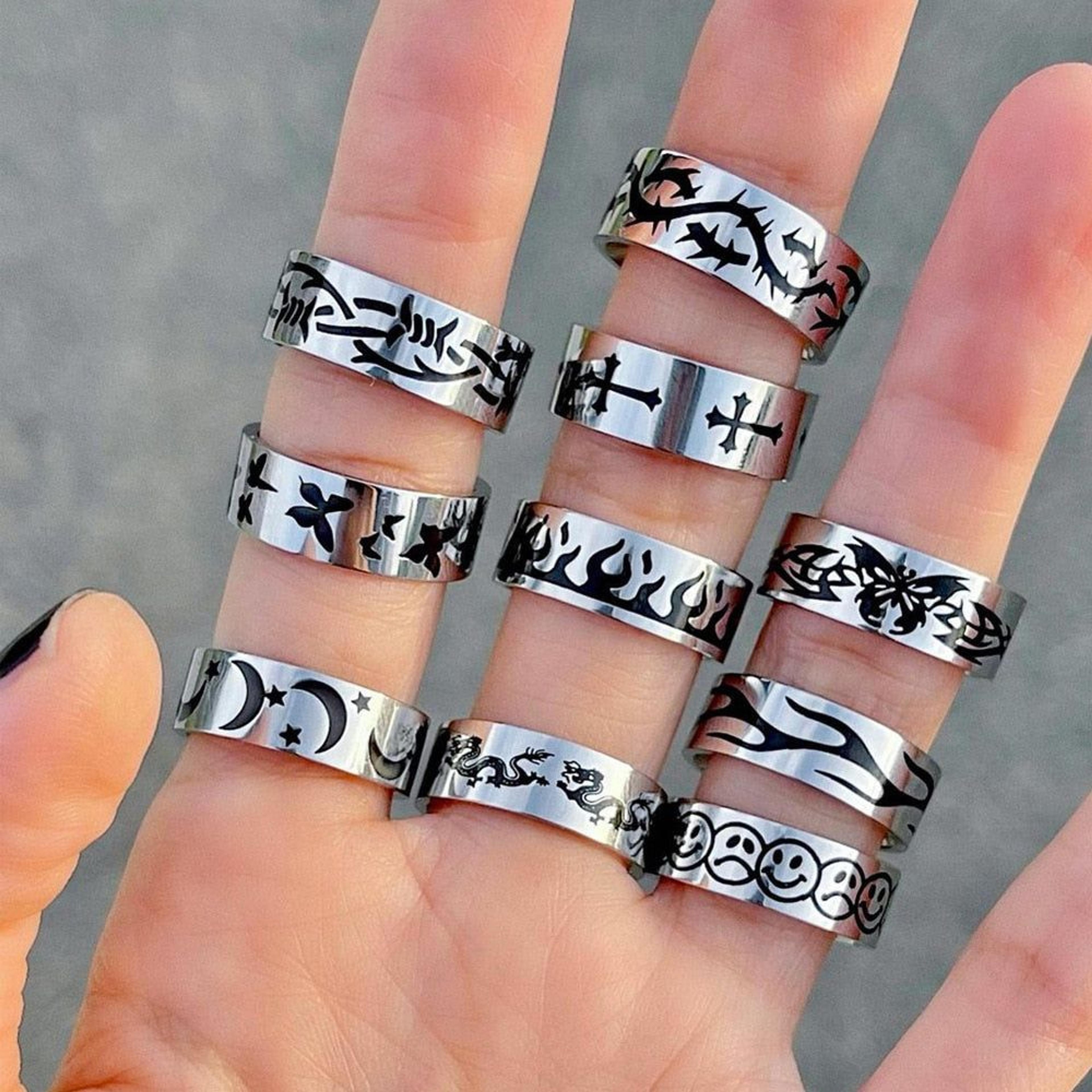 New Fashion Hiphop Punk Stainless Steel Fire Butterfly Band Rings Vintage Goth Rings for Women Men Jewelry Gift - 8 / D strip