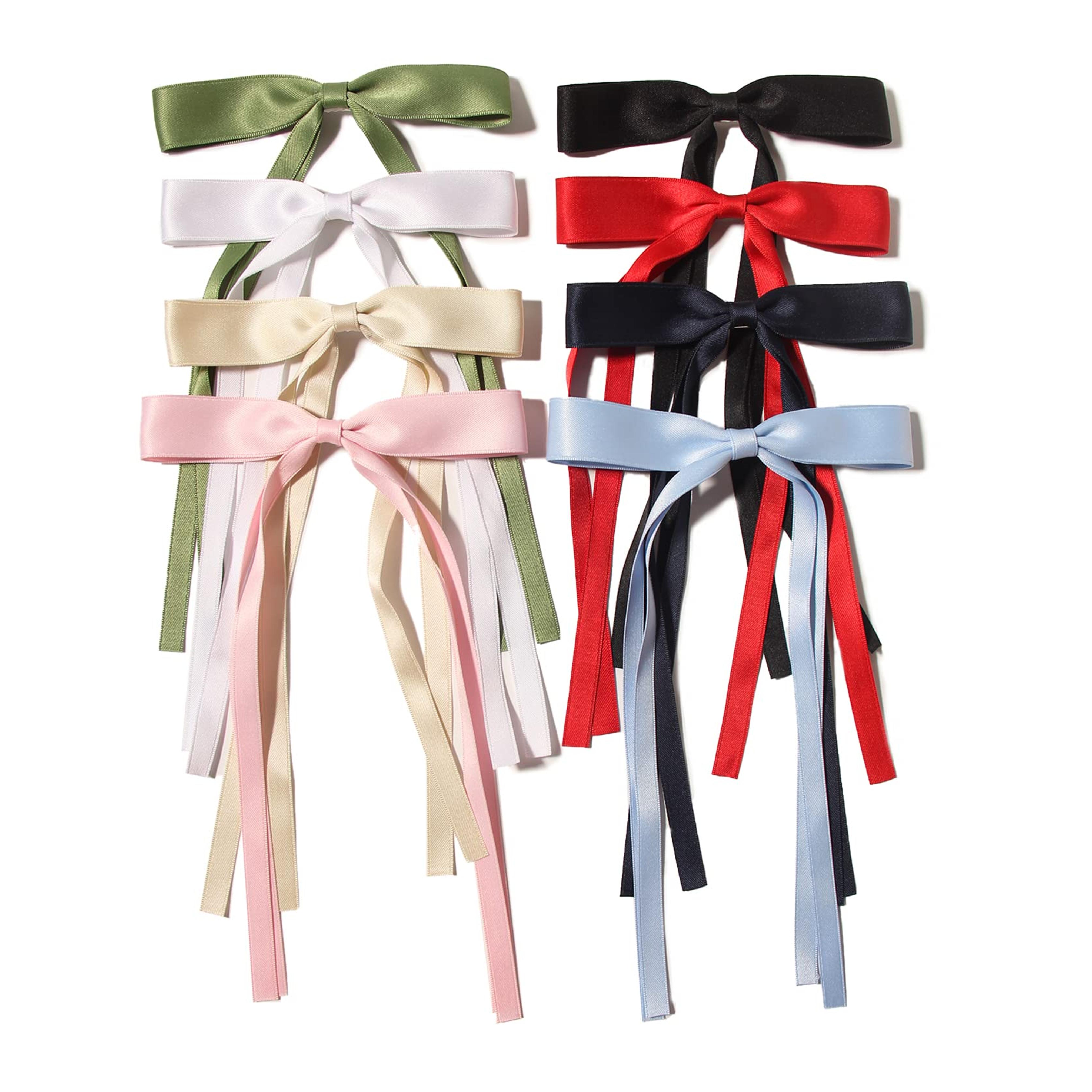 LFOUVRE Bow Hair Clips for Women, 8pcs Hair Bow Clips for Girls, Hair Ribbon Hair Bows with Long Tail, Bowknot Tassel Claw Hair Clip for Women, Hair Barrettes with Bow, Hair Accessories for Women