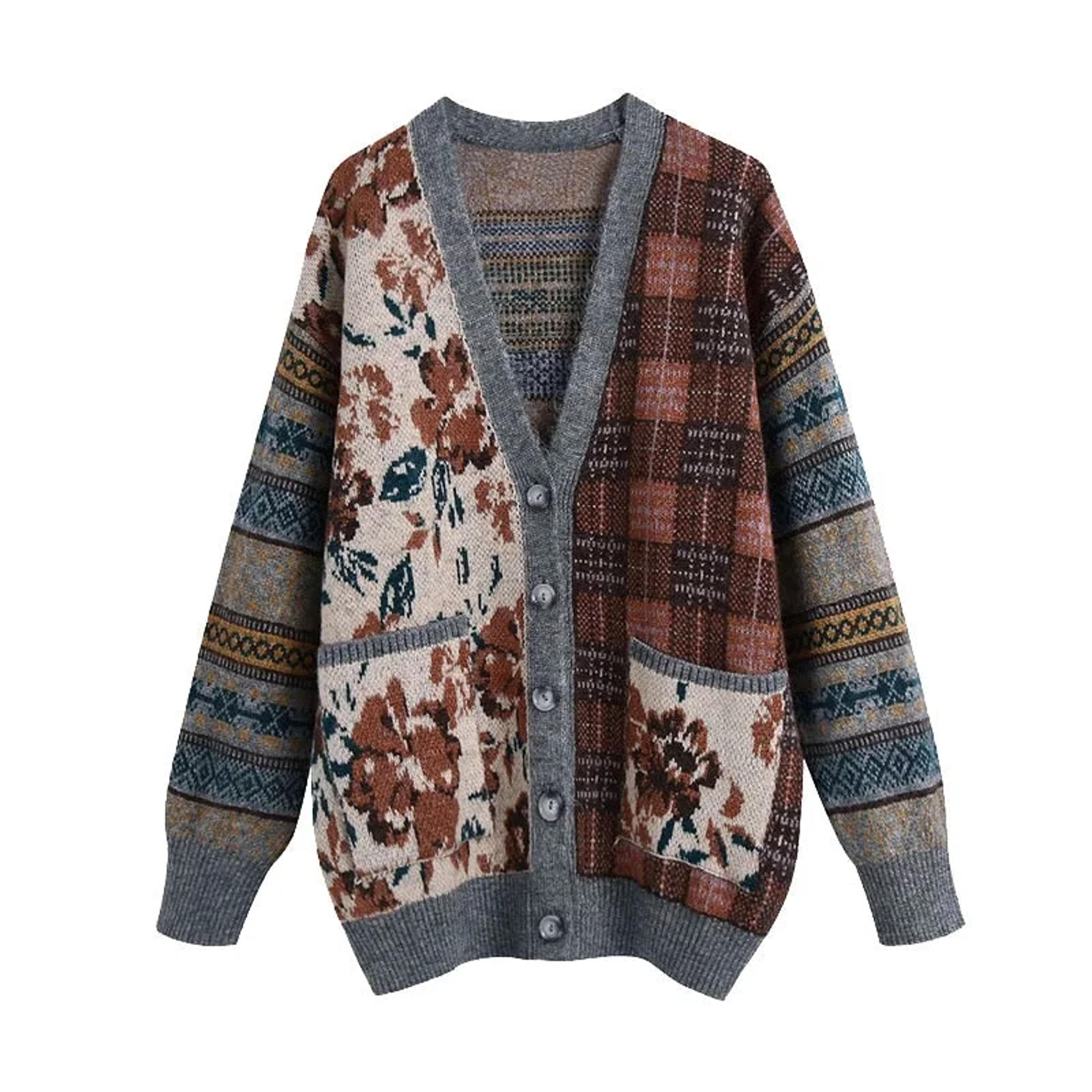 KPYTOMOA Women 2021 Fashion Loose Jacquard Knitted Cardigan Sweater Vintage Long Sleeve Pockets Female Outerwear Chic Tops