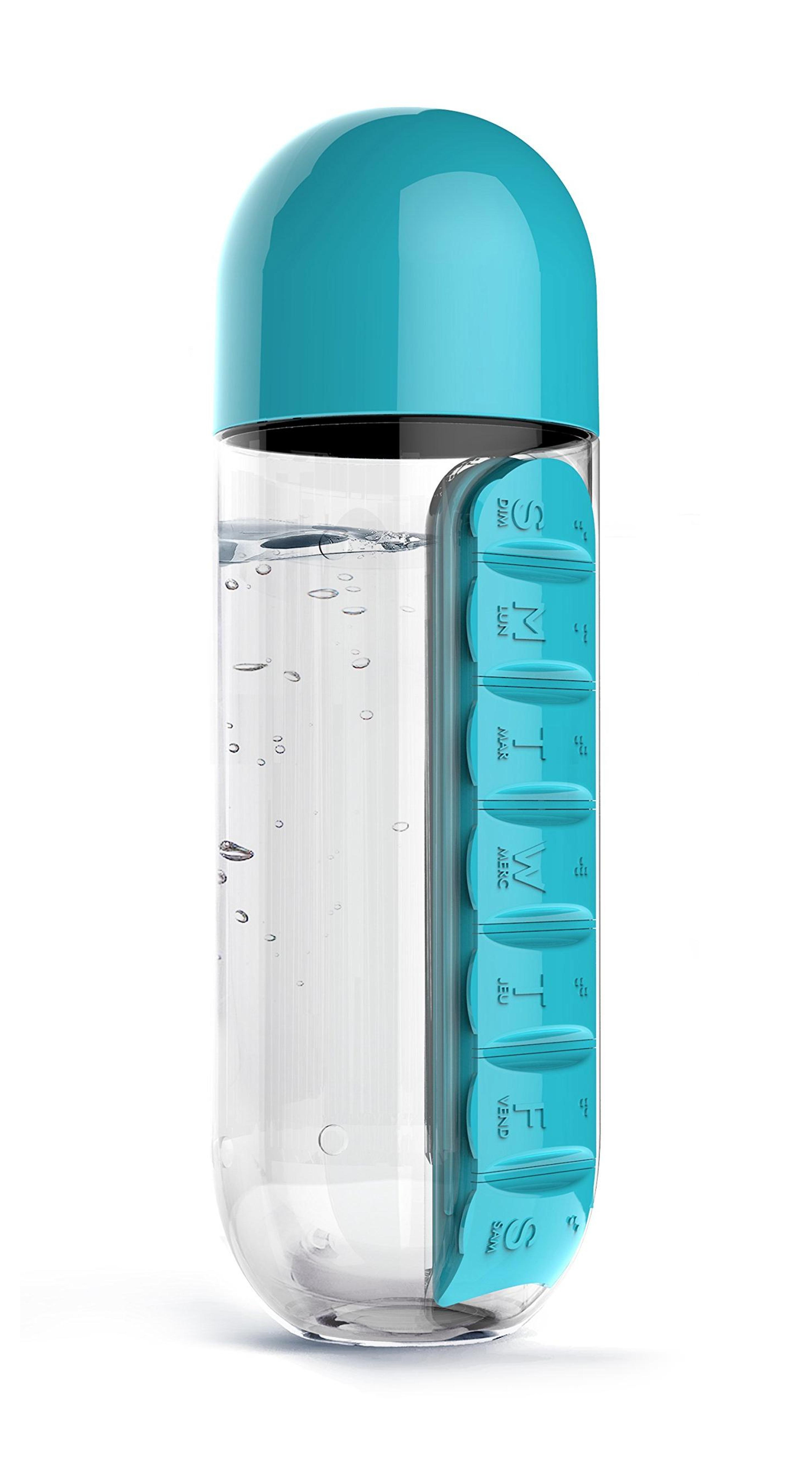 Asobu Water Bottle with Built-in Daily Pill Box Organizer, Blue