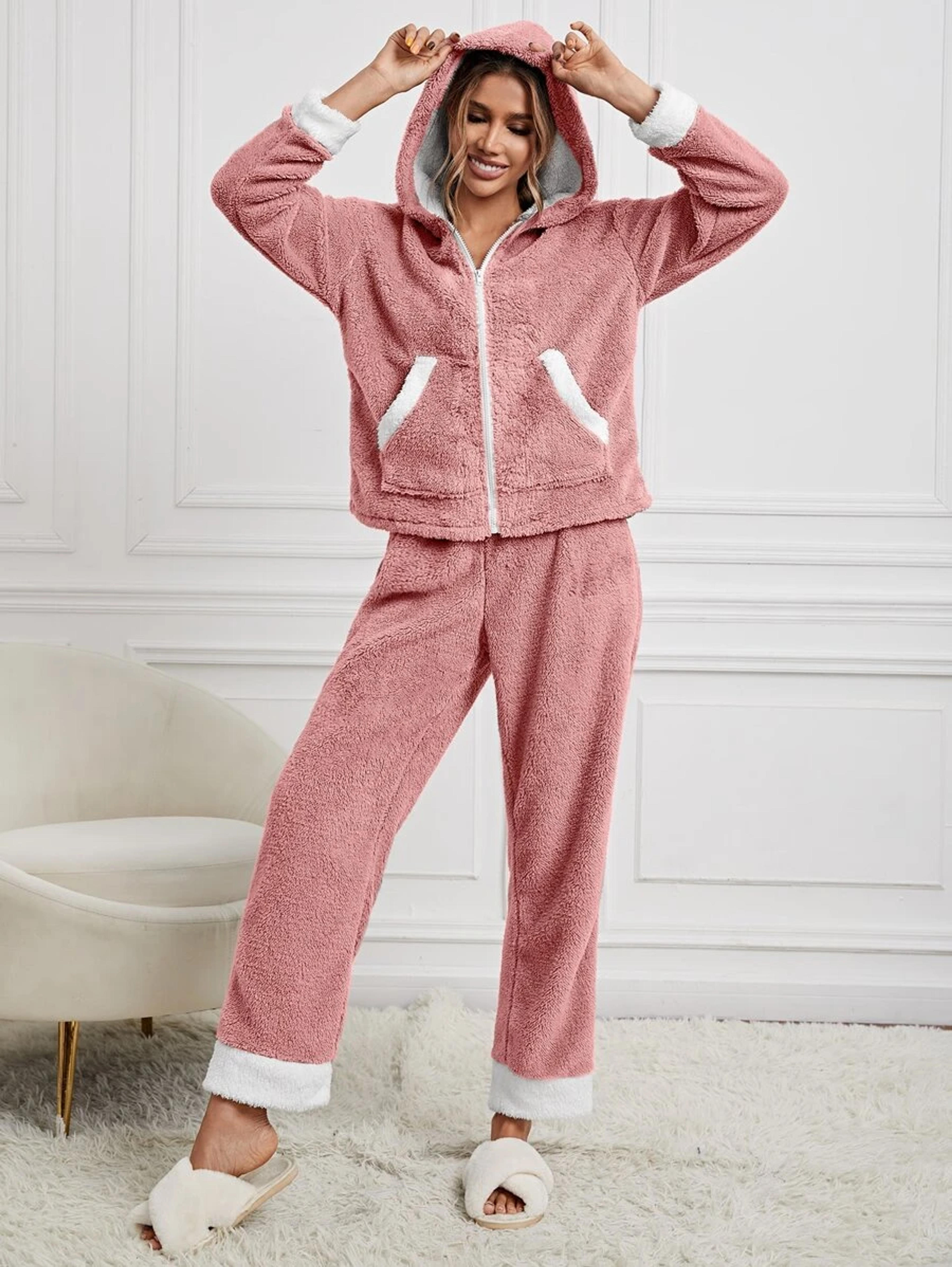 Contrast Trim Hooded Flannel Lounge Set | SHEIN USA