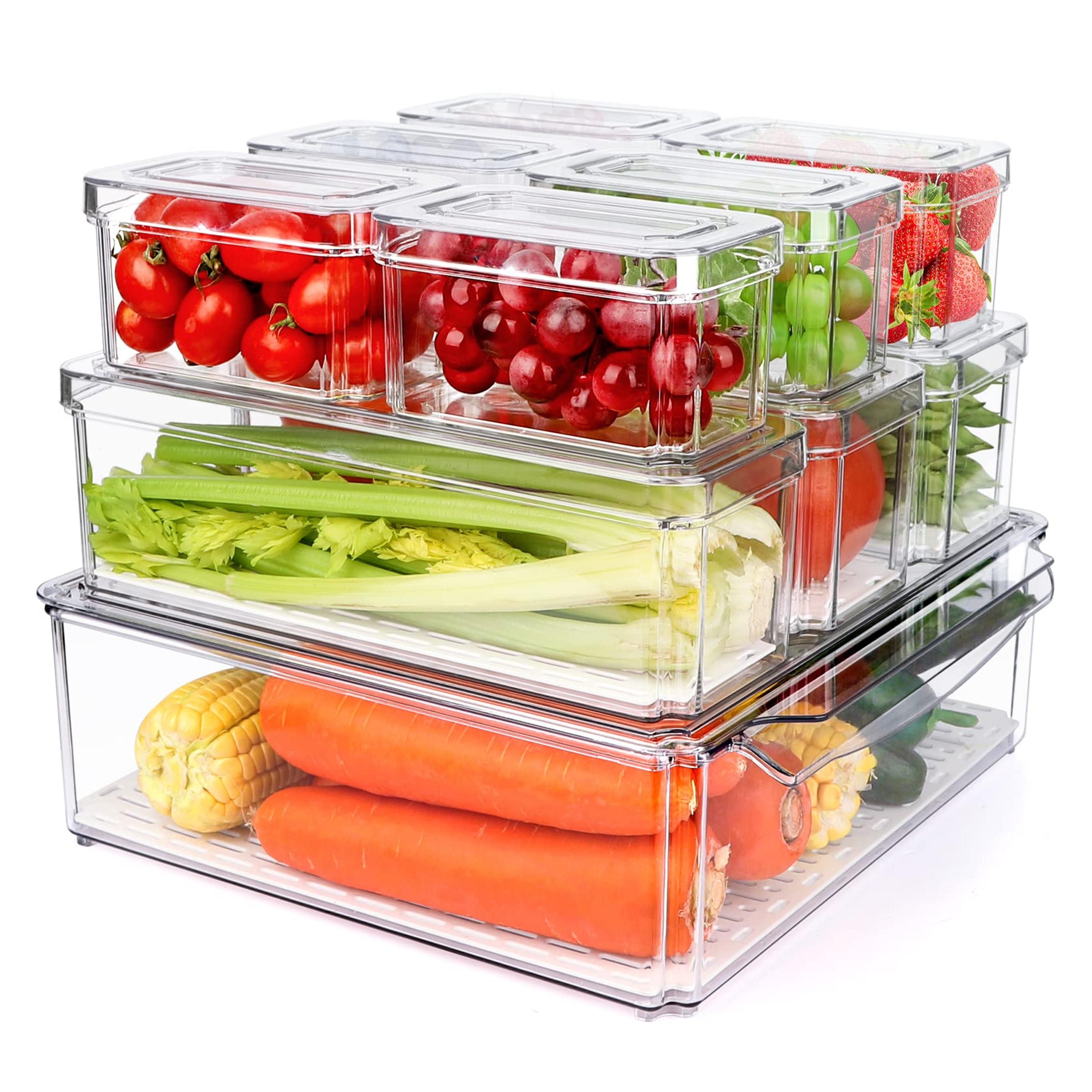 10 Pack Refrigerator Pantry Organizer Bins, Stackable Fridge Bins with Lids, Clear Plastic for Kitchen, Countertops, Cabinets, Fridge, Drinks, Fruits, Vegetable, Cereals