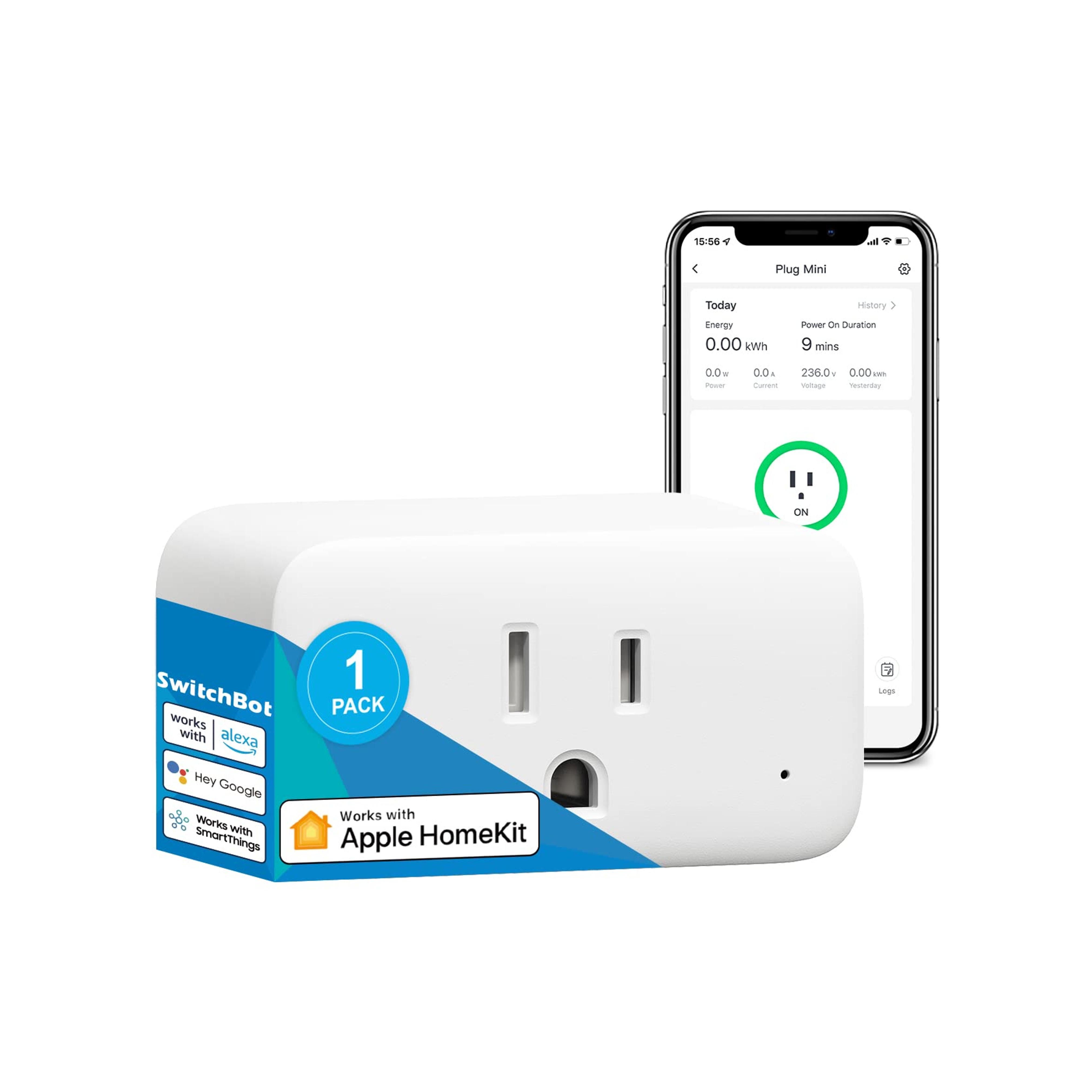 SwitchBot HomeKit Smart Plug Mini 15A, Energy Monitor, Smart Home WiFi(2.4G Only) & Bluetooth Outlet Works with Apple HomeKit, Alexa, Google Home, App Remote Control & Timer Function,No Hub Required