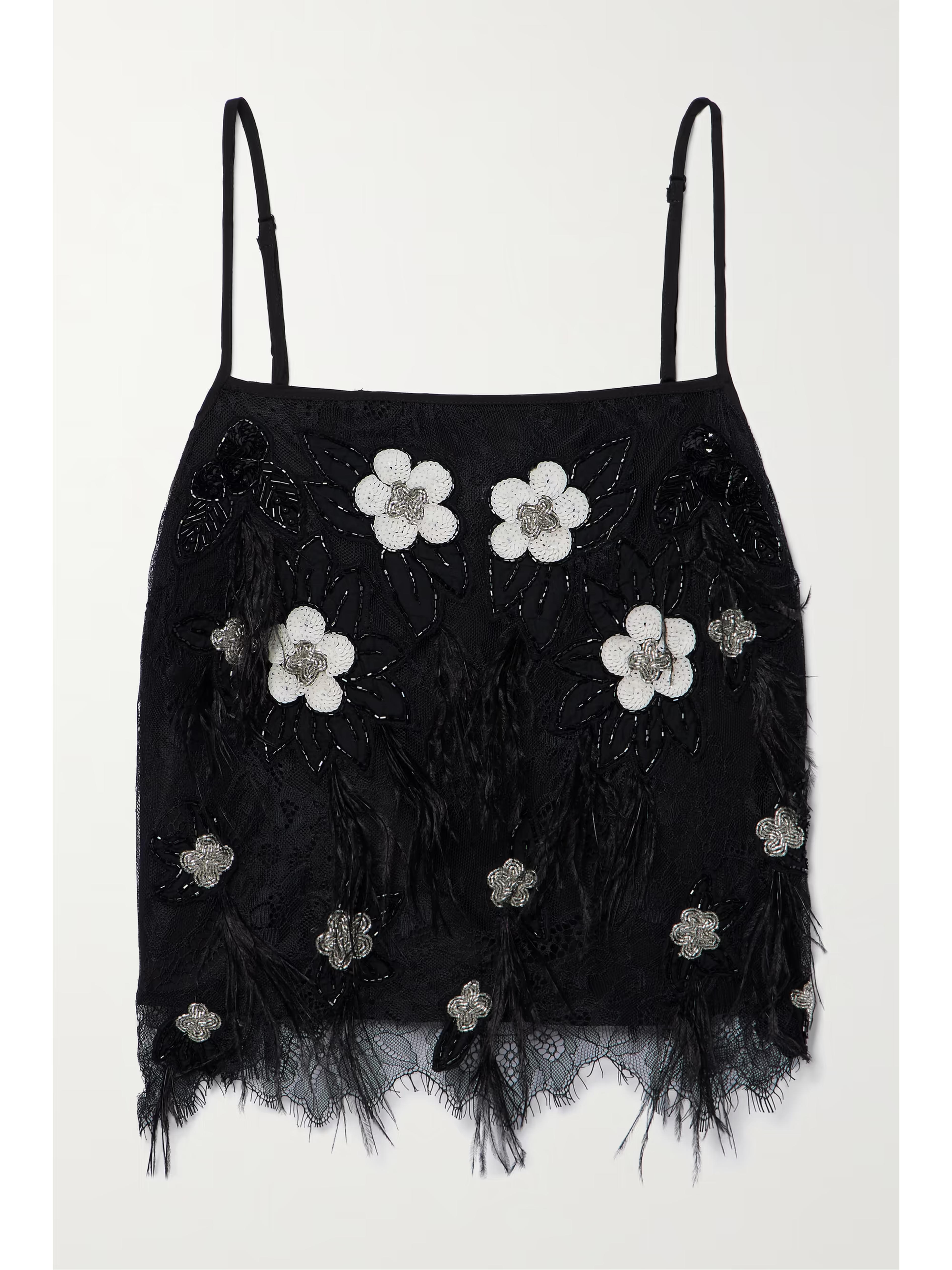 SEA Bethany feather-trimmed embellished lace tank | NET-A-PORTER