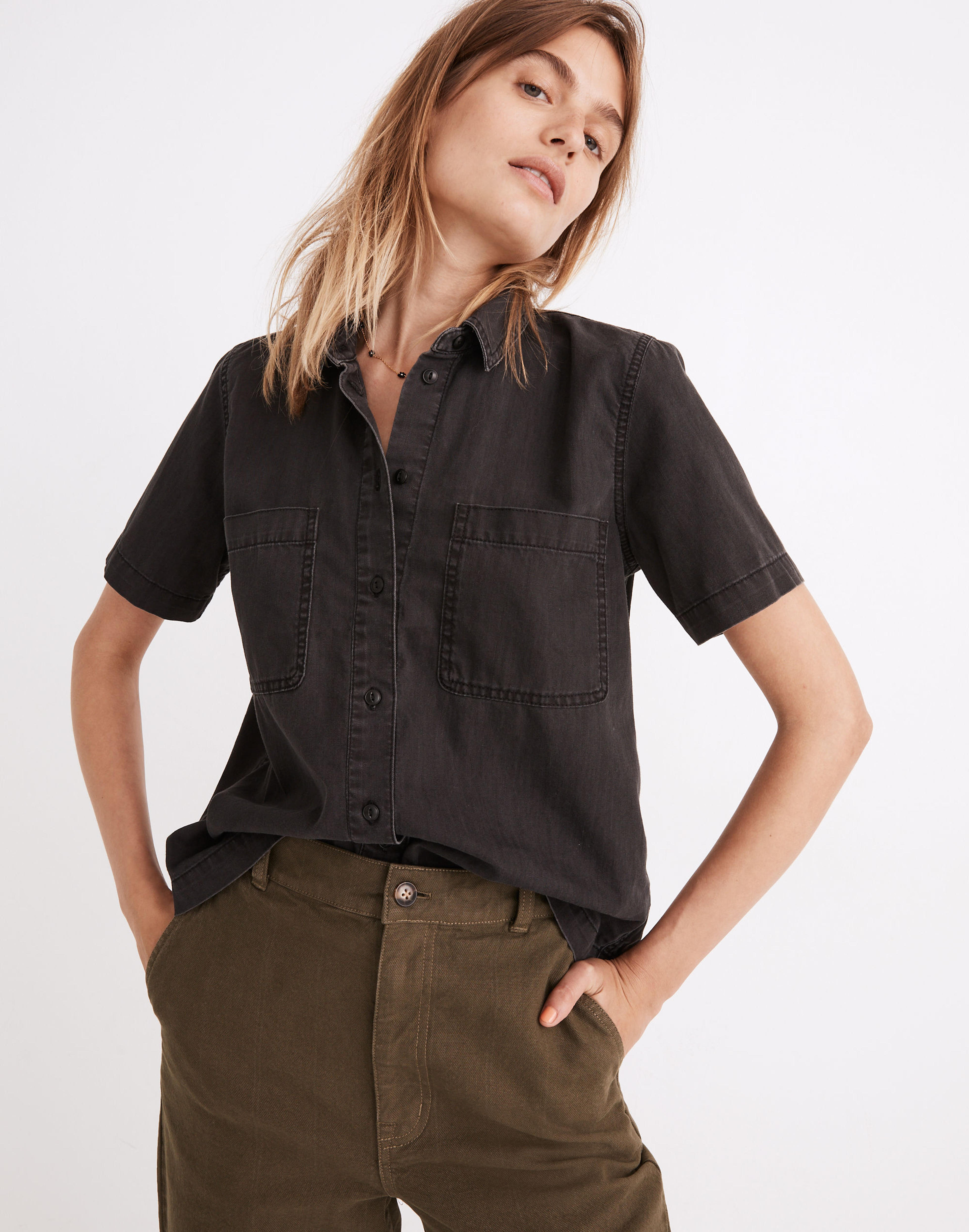 Denim Short-Sleeve Button-Up Shirt in Lunar Wash