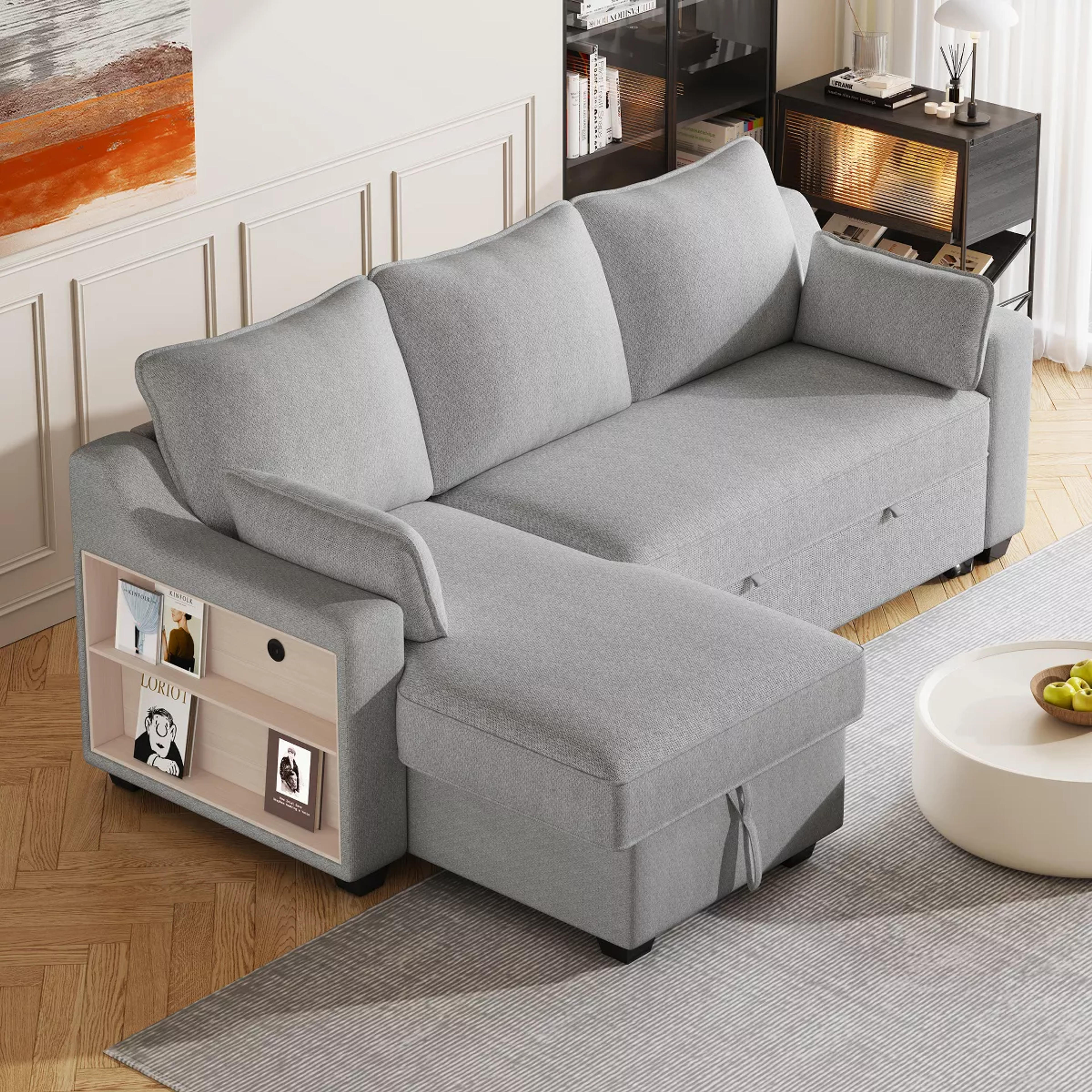 90" Pull Out Sleeper Sofa With Storage Chaise, L-shaped Convertible Sofa Bed With Storage Racks And Usb Ports, Light Gray 4m - Modernluxe : Target