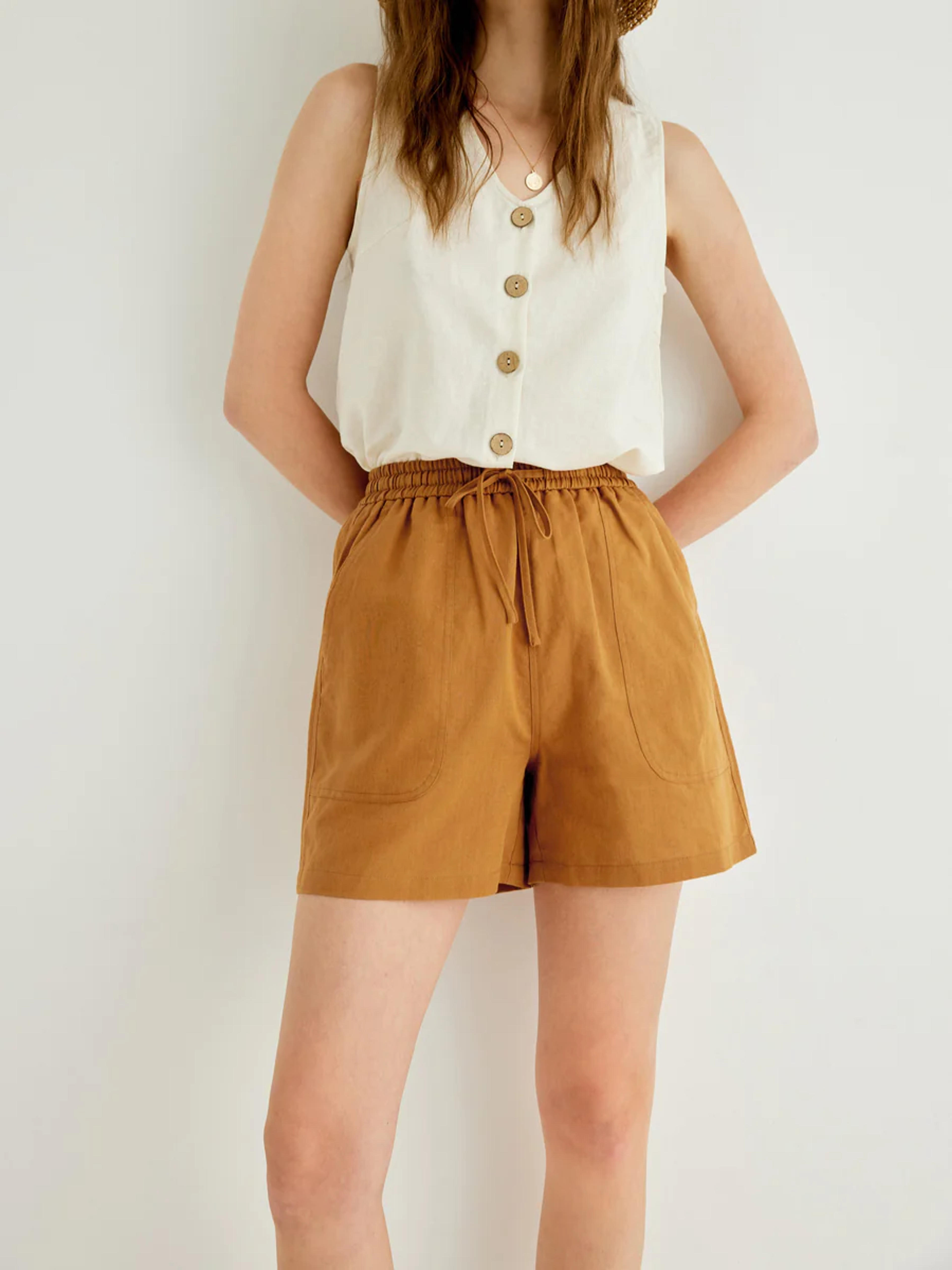 Brown Cotton Drawstring Elastic Waist Mid-Shorts