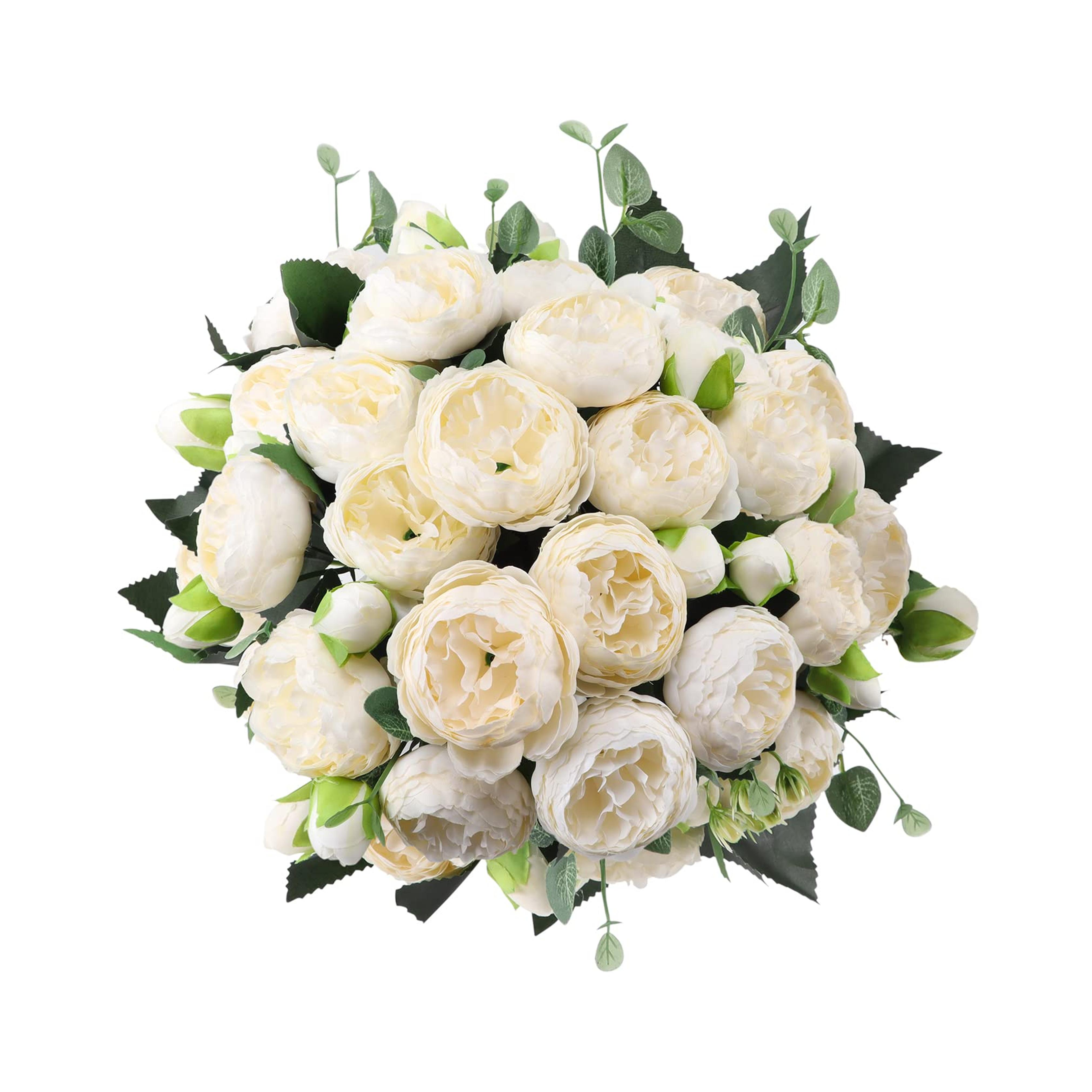 Hoikwo 4 Pack Small White Peony Artificial Flowers (20 Peony Heads), Cream Silk Fake Flowers Wedding Bouquet with Stems