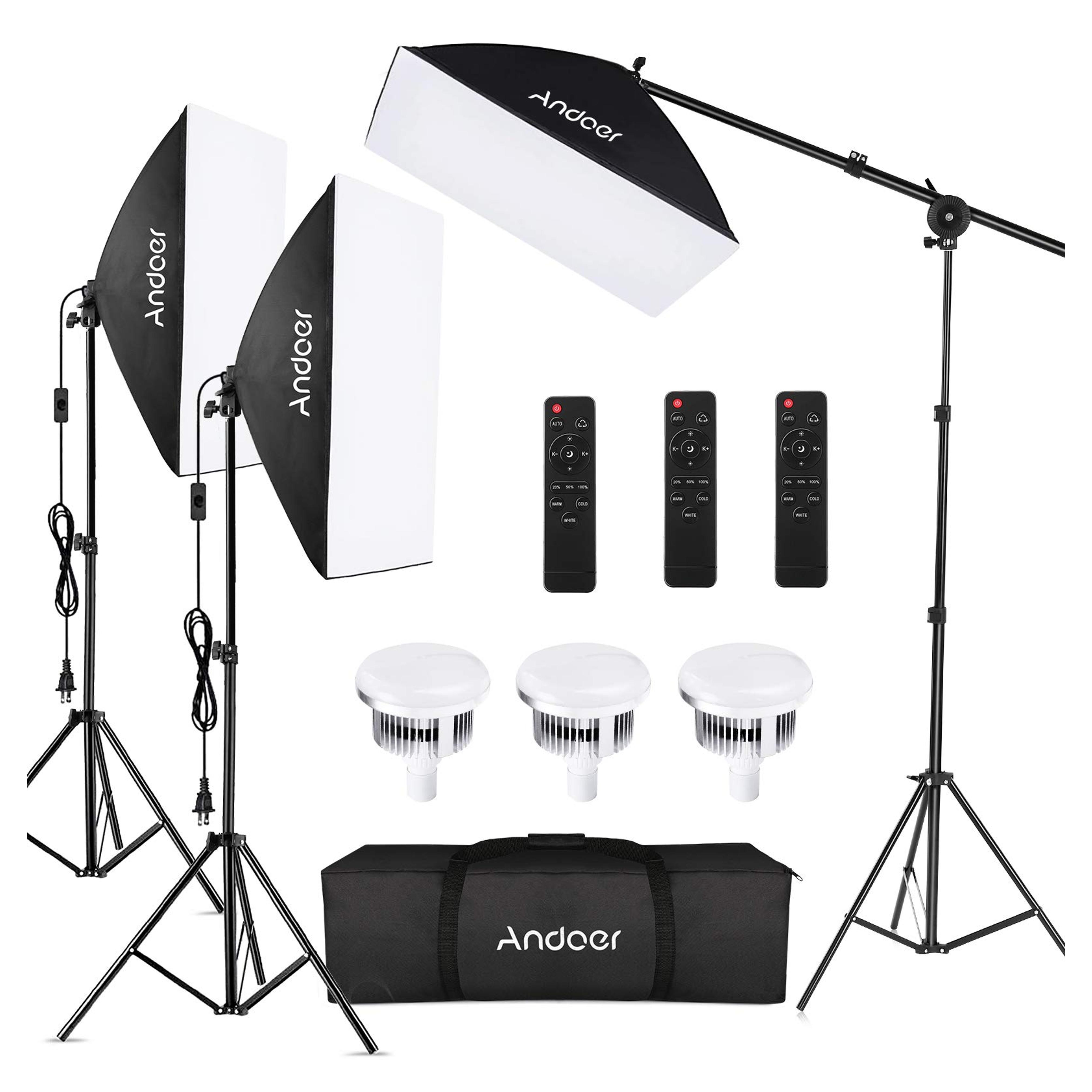 Amazon.com : Andoer Softbox Photography Lighting Kit Professional Studio Equipment with 20"x28" Softbox, 2800-5700K 85W Bi-Color Temperature Bulb with Remote, Light Stand, Boom Arm for Portrait Product Shooting : Electronics