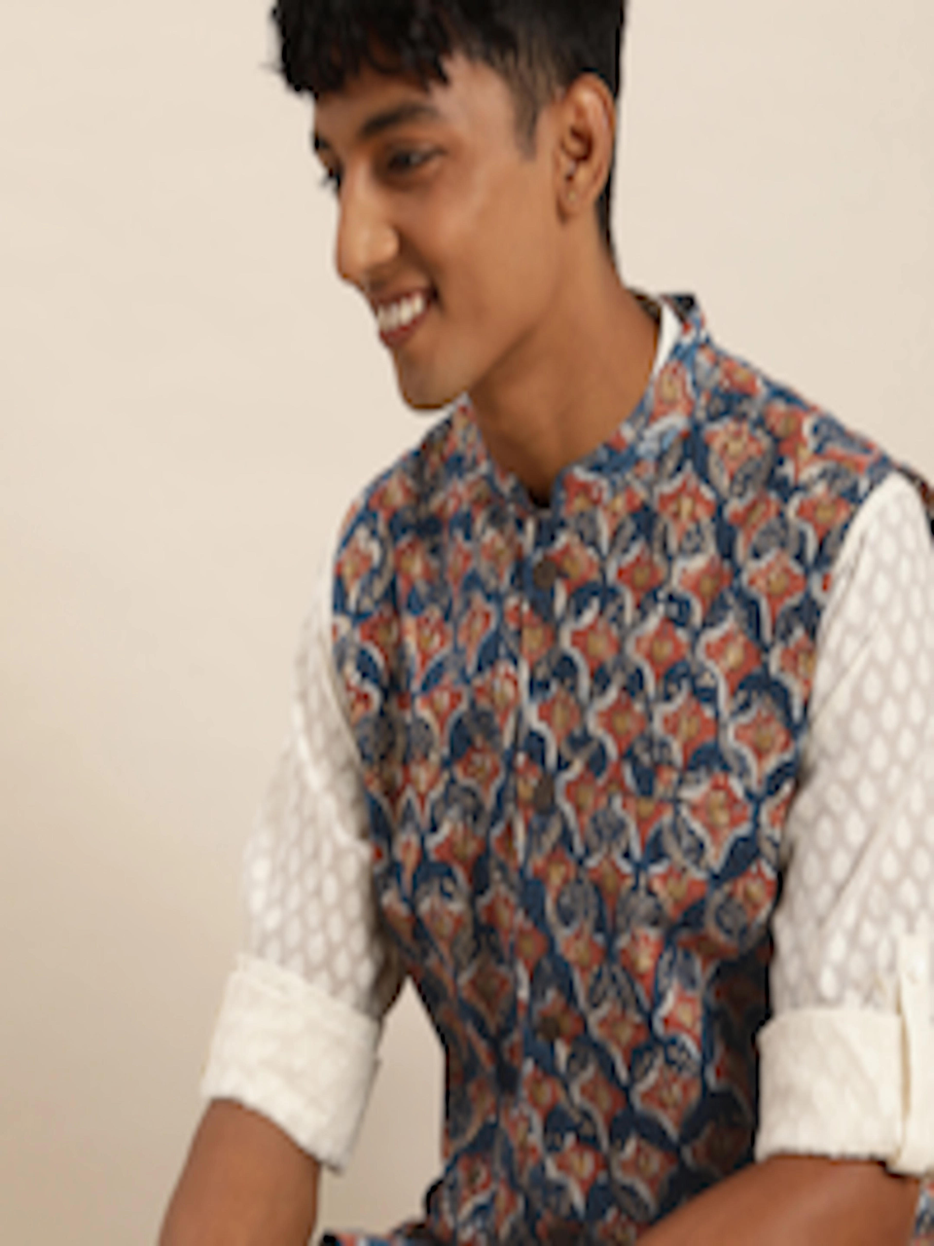 Buy Taavi Mandarin Collar Ethnic Printed Indigo Soiree Nehru Jacket -  - Apparel for Men